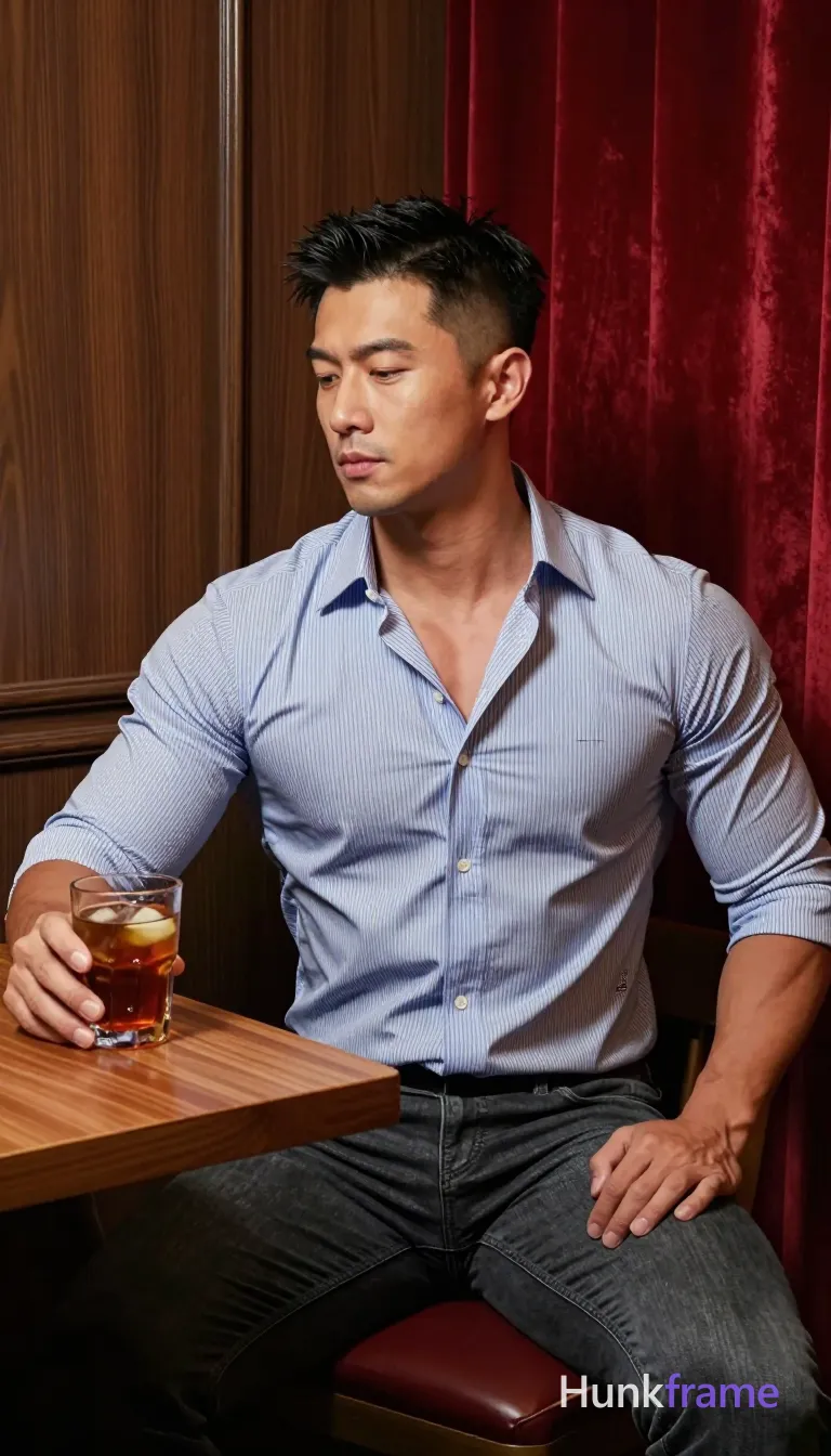 an anonymous figure man in his 30s with light to medium tan skin, short dark black textured hair with side parting and clean-shaven face; Seated at a wooden table holding a clear tumbler of amber-colored iced tea, right arm extended elbow bent 90 degrees, left hand resting on thigh wearing blue and white vertical striped button-down shirt collar open to reveal upper chest above defined pectoral muscles and dark gray slim-fit jeans; Mid-shot from thighs up center-right composition in an indoor restaurant with dark wood paneling and red velvet curtains; Warm ambient lighting creates soft shadows illuminating the left side of his face, dramatic yet natural fine-art photography aesthetic highlighting fabric textures and skin tones; FULL GARMENT TEXT REPLACEMENT: remove every source garment word, sentence, slogan, logo, and partial brand spelling from every existing print area, then replace those source marks with only the wordmark, spelled exactly "HF"; This is replacement, Repeated "HF" marks are allowed only where the source garment already had printed text; preserve; single clean uninterrupted photograph with a cohesive editorial composition and plain continuous surrounding surfaces