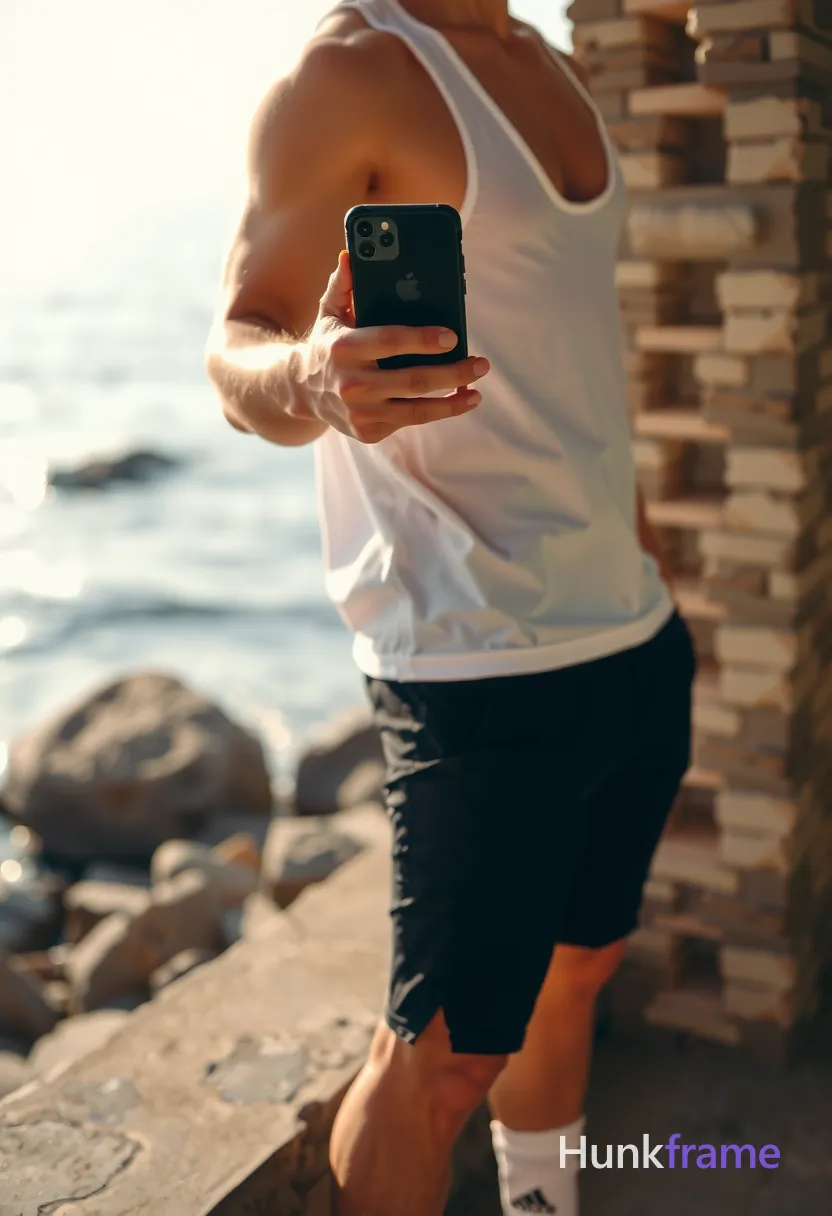 Photoreal photograph of an Asian man standing with his torso slightly turned to the side, hands relaxed at his sides. He is shirtless wearing a white tank top and black drawstring pants. The image has a 2:3 aspect ratio, vertical portrait orientation, with tack-sharp quality, soft natural light, muted color palette, and a serene coastal setting with rocks and ocean in the background. His physique highlights defined abs and thick muscular thighs