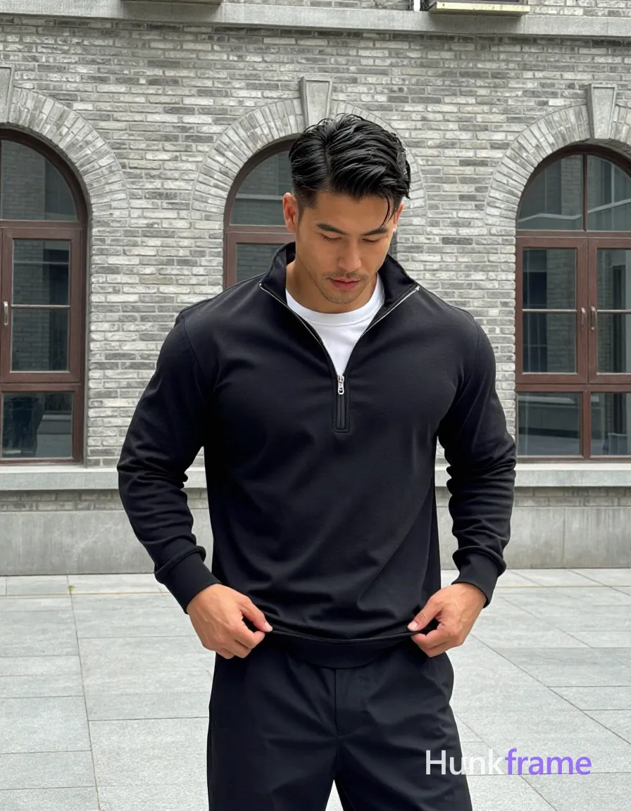 an anonymous figure adult man with light to medium tan skin and short textured black hair styled upward at the crown, clean-shaven chin with light stubble; He stands upright in an outdoor urban courtyard with grey brick arched windows, pulling up a black long-sleeve quarter-zip pullover near his neck while adjusting the hem on his thigh; white crew-neck t-shirt neckline visible underneath; Broad shoulders and defined pectorals exposed artistically mid-thigh; natural daylight soft shadows overcast conditions, clean lines editorial framing minimalist style, shot on iPhone 15 Pro main camera, authentic smartphone computational photography, natural Smart HDR and true-to-life skin texture, vertical 9:16 Xiaohongshu lifestyle feed, bright clean everyday scene, unretouched phone photo with subtle sensor grain, trendy Chinese internet 网红 aesthetic, candid influencer energy; single clean uninterrupted photograph with a cohesive editorial composition and plain continuous surrounding surfaces