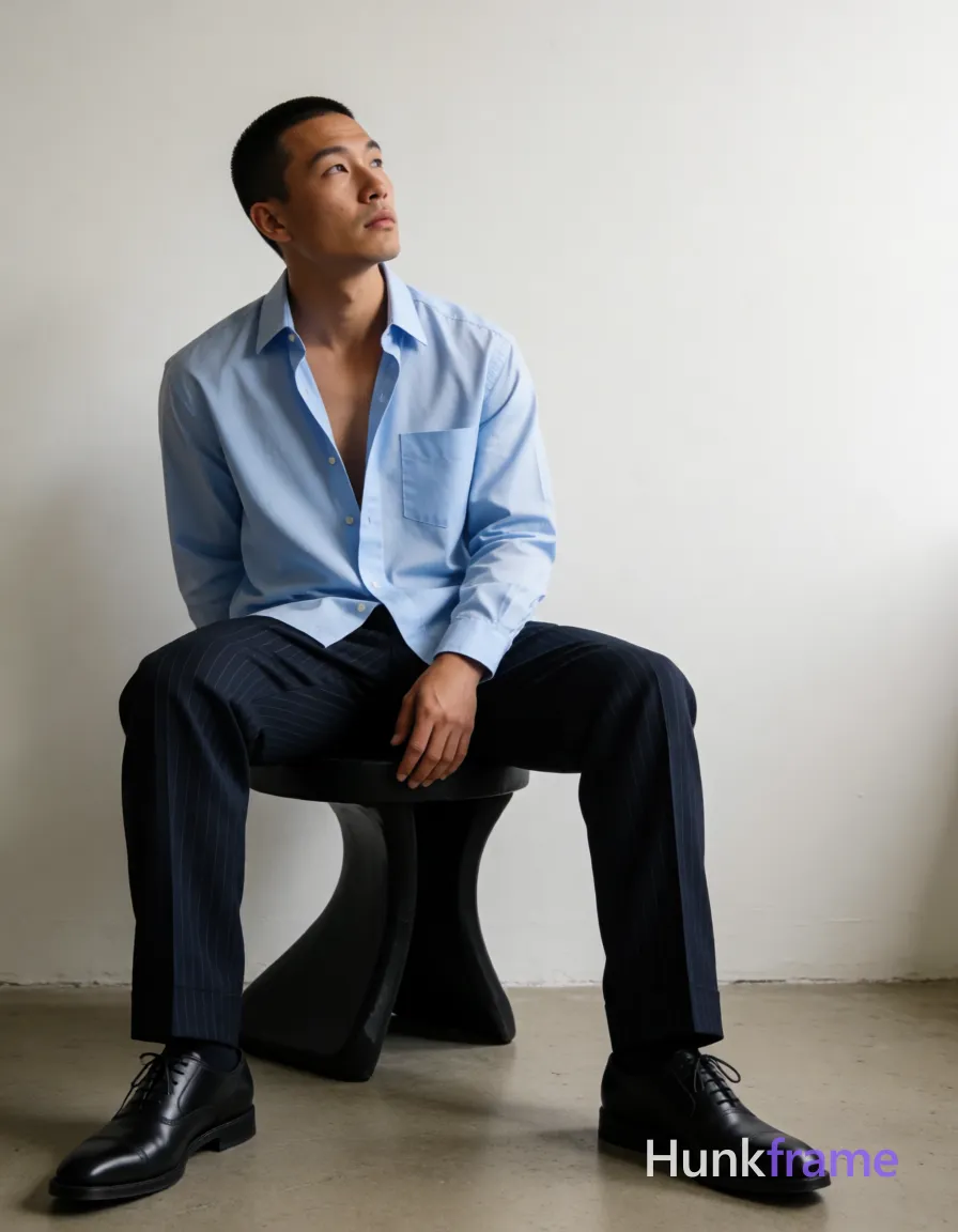 Asian man with short buzz cut dark brown hair and slight upper lip stubble seated on a black sculptural stool, torso angled left while head turns upward contemplatively; Wearing unbuttoned light blue long-sleeve button-down shirt exposing chest and abdomen, single breast pocket visible, paired with dark navy pinstripe straight-leg trousers and black leather cap-toe oxford shoes; Full-body shot from mid-thigh up including feet in center-left composition against off-white minimalist walls and neutral concrete floor; Soft directional lighting from right casts subtle shadows on left side of face and broad shoulders, defined pectorals, toned abs, thick thighs; Fine-art photography fashion editorial aesthetic with sculpted lighting premium styling sophisticated mood 13:19 aspect ratio, same aesthetic theme and photo feel as the reference but a different man in a different pose with distinct body proportions, Mediterranean Italian man, olive skin, wavy dark hair, lean surfer body; single clean uninterrupted photograph with a cohesive editorial composition and plain continuous surrounding surfaces