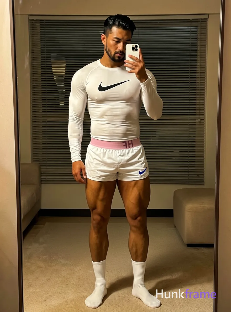 Asian man with tanned skin and black slicked-back hair, clean-shaven face looking down at a white smartphone held in left hand. Standing full-length mirror selfie pose, weight balanced on both legs, right arm relaxed by side. Wearing white long-sleeve compression shirt with centered black Nike swoosh logo, pink 'WOOM WOOM' waistband visible above white athletic shorts with blue swoosh, plain mid-calf socks, no shoes. Indoor residential space at night behind closed horizontal blinds, round stone coffee table and beige ottoman in background. Soft directional fill from front-left creating subtle shadows along torso and limbs, ambient warm interior glow reflecting off skin tones. High-resolution mirror selfie aesthetic, clean composition centered vertically within frame, dramatic lighting highlighting defined anatomy, thick thighs, and confident strength., same aesthetic theme and photo feel as the reference but a different man in a different pose with distinct body proportions, Middle Eastern man, tan skin, dark beard shadow, muscular but natural proportions, wearing underwear or swim trunks, covered genitals, no frontal nudity, a single uninterrupted photograph only, no written words or typography anywhere in frame, no captions, no app UI, no social-media post layout, no screenshot borders