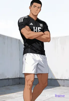 Polished anime style rendering of an Asian man with short black buzz cut and cle