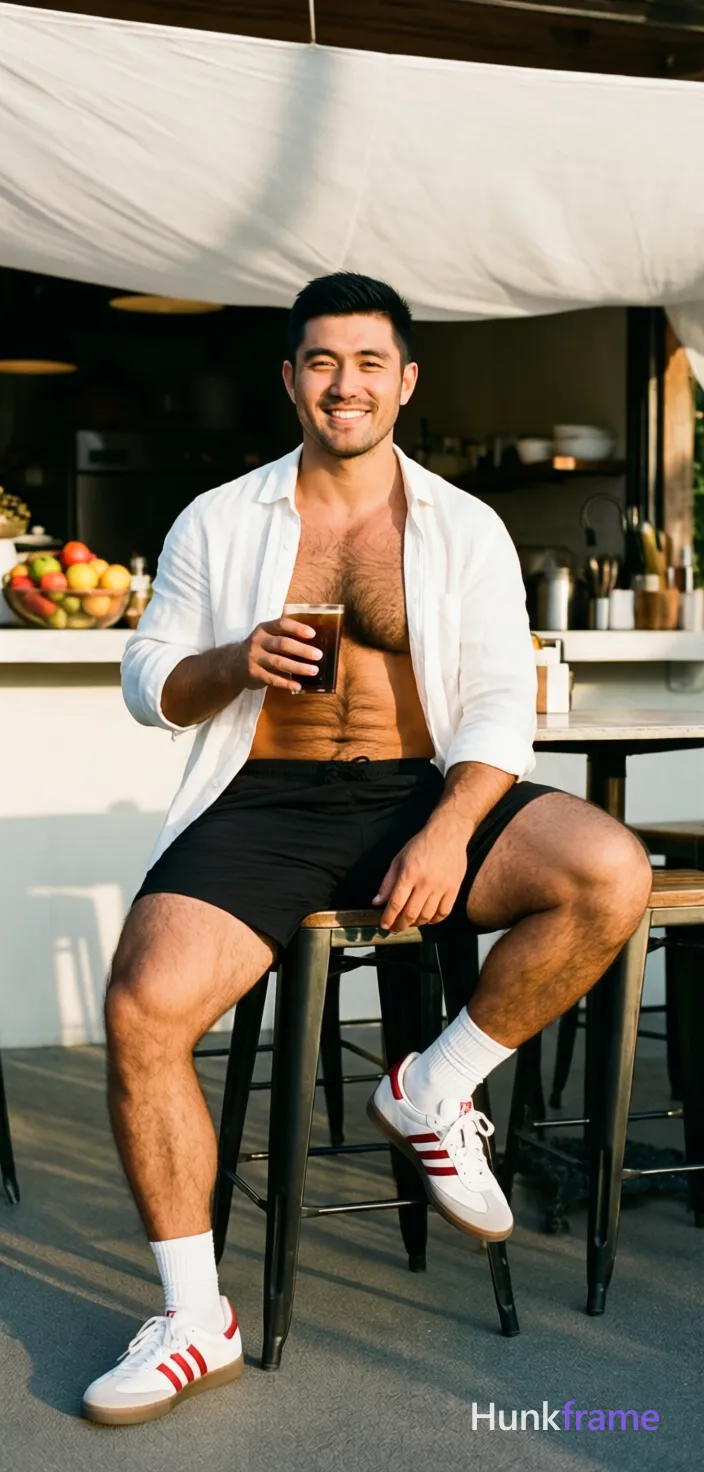 Asian man with light-medium skin and black short styled hair, clean-shaven face smiling at camera. Seated on stool legs spread apart left foot flat ground right leg bent elevated on base holding dark beverage in right hand shirtless white linen button-up open chest revealing bare torso collarbone upper abdomen wearing black athletic shorts mid-thigh white crew socks white sneakers with red stripes thick thighs defined calves rugged warm confidence broad shoulders meaty chest dense body hair. Outdoor cafe patio under white draped fabric ceiling counter behind fruit bowl kitchen equipment visible warm golden hour sunlight from right casting soft shadows neutral whites blacks skin tones relaxed confident mood full body shot knees up to head centered portrait photography natural depth of field., a single uninterrupted photograph only, no written words or typography anywhere in frame, no captions, no app UI, no social-media post layout, no screenshot borders