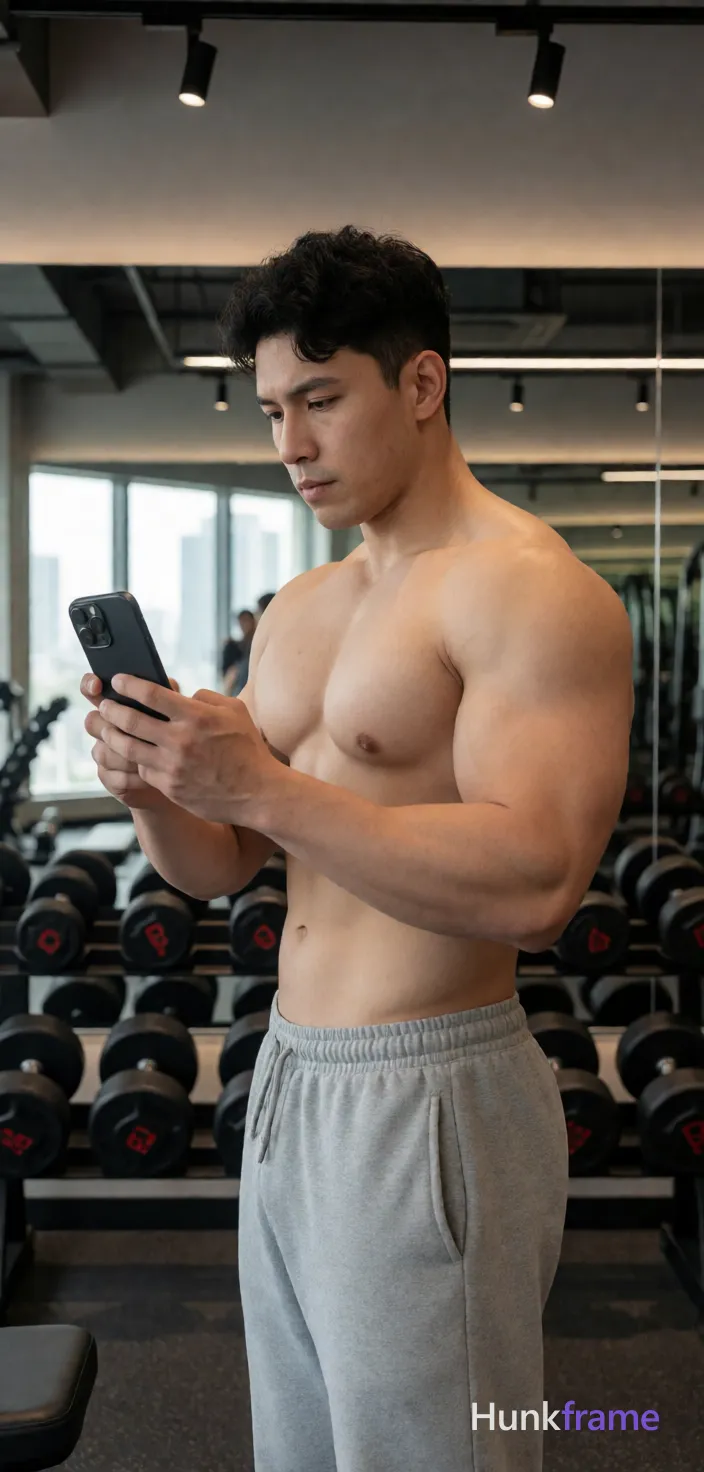 Heavily muscular adult man with substantial muscle mass, wide shoulders, thick neck, large chest and arms, powerful thighs, and dense bodybuilding proportions; Asian man with light medium tan skin, short dark wavy hair tapered sides, clean shaven face neutral serious gaze at phone screen; Standing profile facing left holding black smartphone both hands against chest for gym mirror selfie reflection; Shirtless bare chest abdomen arms defined pectorals abdominal definition prominent biceps triceps thick thighs wearing light gray sweatpants elastic waistband drawstrings no socks shoes visible; Modern fitness center interior rows dumbbells racks mirrored walls reflecting equipment cityscape view outside windows overhead track lighting fixtures mounted ceiling beams creating even illumination subtle shadows accentuating musculature definition high-resolution smartphone photography naturalistic color grading vertical portrait orientation capturing subject from thighs up to top of head athletic gym photography defined anatomy confident strength directional light; single clean uninterrupted photograph with a cohesive editorial composition and plain continuous surrounding surfaces