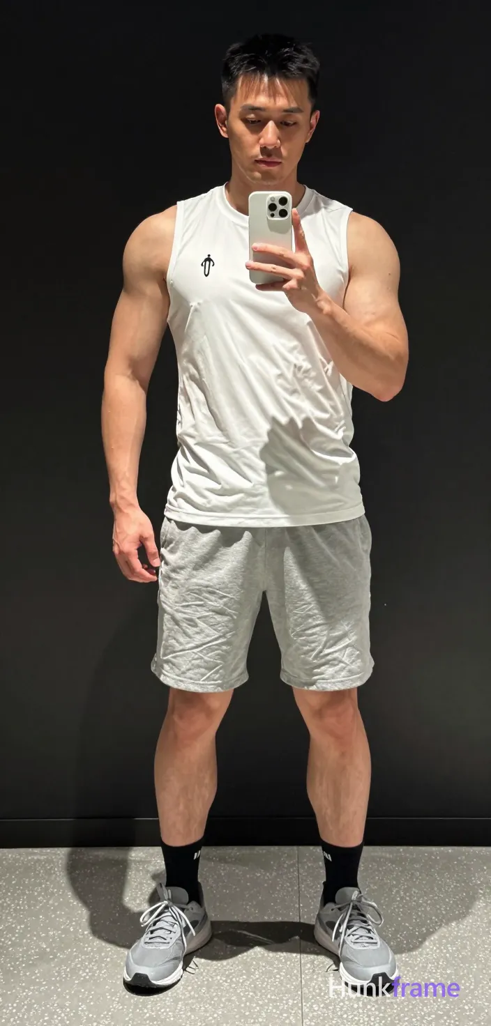 A handsome masculine man as a Xiaohongshu fitness influencer in a candid iPhone selfie; He stands facing forward, holding a white smartphone with both hands at chest level; right hand supports bottom edge while left thumb rests on side; Phone partially obscures lower face and upper torso; Shirtless adult with bare chest showing broad shoulders, defined pectorals, thick thighs; Wearing white sleeveless athletic tank top (an anonymous figure logo visible), grey knee-length shorts, black ankle socks, grey lace-up sneakers; Indoor mirror selfie setting; dark wall background, speckled light-colored floor; Direct flash or ring-light style frontal illumination with high contrast and deep shadows behind subject; Full-body shot from mid-thigh up to neck centered in frame; Vertical social-feed look with trendy vibe, real lifestyle scene capturing casual confidence, shot on iPhone 15 Pro main camera, authentic smartphone computational photography, natural Smart HDR and true-to-life skin texture, vertical 9:16 Xiaohongshu lifestyle feed, bright clean everyday scene, unretouched phone photo with subtle sensor grain, trendy Chinese internet 网红 aesthetic, candid; single clean uninterrupted photograph with a cohesive editorial composition and plain continuous surrounding surfaces
