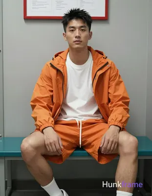 Asian man with short black spiky hair and clean-shaven face, neutral gaze direct eye contact seated 