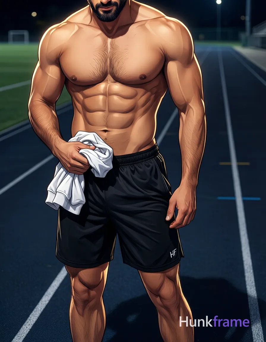 Polished anime style rendering of an adult male standing on a dark running track at night, high-angle POV shot. Shirtless torso with defined abdominal muscles and thick thighs in black athletic shorts holding a crumpled white garment near hip. Light to medium skin tone under soft directional highlights. Clean vector lines, expressive lighting, shallow depth of field focusing on lower body details. Include exactly one visible wordmark, spelled exactly "HF", as a small garment print; preserve its appropriate typography and scale. No other visible text, logo, caption, username, hashtag, comment, watermark, or UI chrome., same aesthetic theme and photo feel as the reference but a different man in a different pose with distinct body proportions, Middle Eastern man, tan skin, dark beard shadow, muscular but natural proportions, a single uninterrupted photograph only, no written words or typography anywhere in frame, no captions, no app UI, no social-media post layout, no screenshot borders
