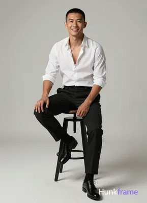 Asian man with medium-tan skin and short black buzz cut seated on tall stool, right leg crossed over