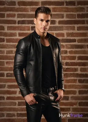 A full-body shot of a young adult male model in an upscale fashion studio, empha
