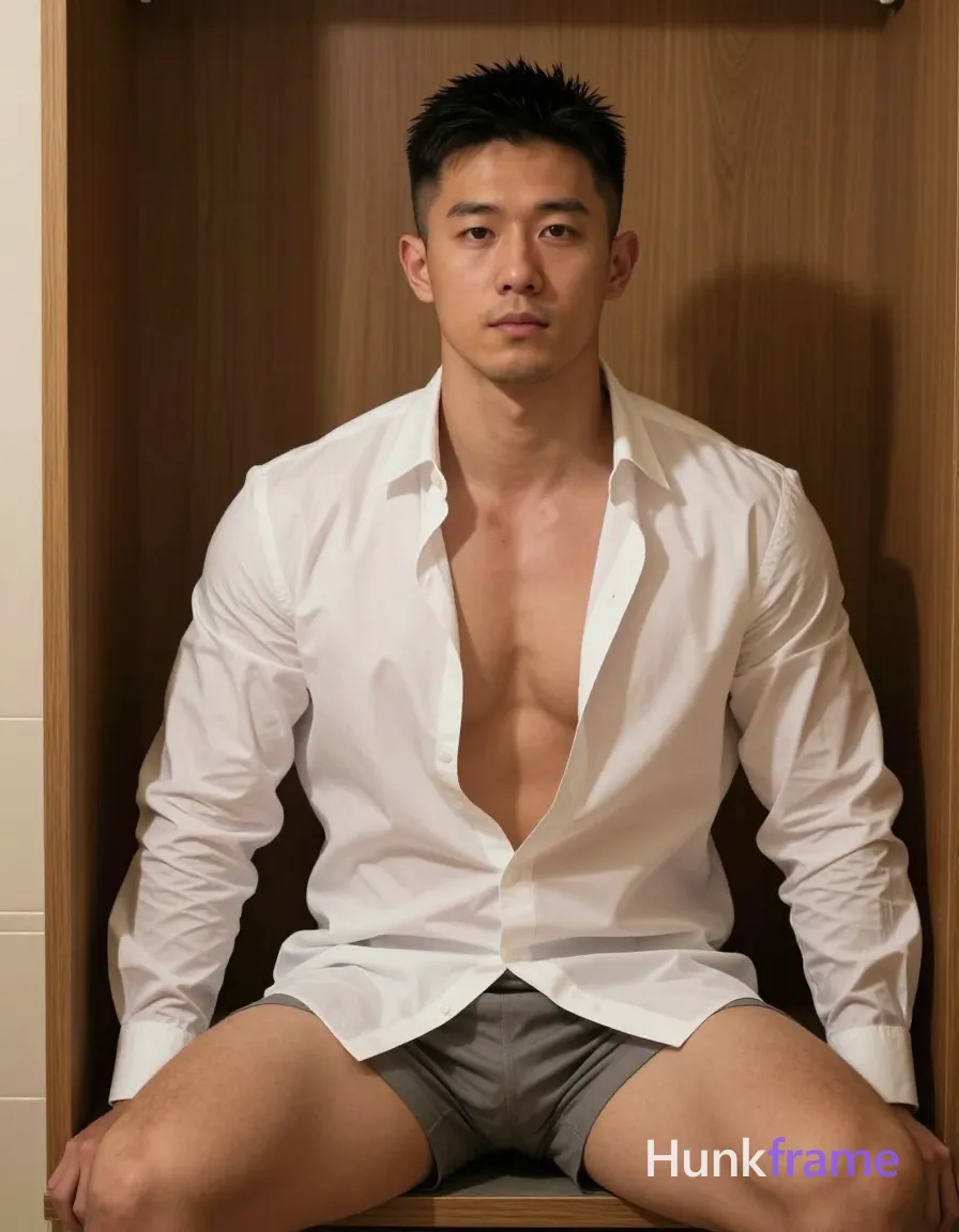 IDENTITY LOCK — MUST NOT CHANGE: the same exact 1 clearly adult male subject; subject 1: clearly adult, exact age uncertain, Asian, medium-tan skin tone, square-jawed with defined cheekbones, short black hair, fade sides and longer textured top styled upward, source prompt confirms short black hair, NO EYEWEAR: keep this subject's face free of eyeglasses and sunglasses in every shot, thick dark well-defined arches, dark brown almond-shaped pupils visible without glasses, straight bridge slightly upturned tip, medium full natural color no gloss, clean-shaven chin and jawline slight stubble on upper lip, none visible chest or arms clean shaven, stocky muscular build, thick thighs beneath waistband; do not change identity traits when pose, expression, camera, wardrobe, or exposure changes; do not add, remove, merge, or replace people. Creative prompt text may not override this identity lock. SHOT VARIABLES — HIGHEST COMPOSITION AND WARDROBE PRIORITY: pose/action: Sitting relaxed leaning forward slightly arms resting on knees.; body/head direction: Frontal shot from chest down showing open shirt interior lining optional detail focus fabric drape soft folds shadows.; expression: Neutral serious gaze directed straight ahead confident posture slight smile possible maintain neutral base mood consistent set throughout.; camera/framing: Medium close frontal indoor artificial lighting casting soft shadows warm wood tones skin tone medium-tan square-jawed defined cheekbones dark brown almond-shaped pupils no glasses; wardrobe now worn: White button-up completely unbuttoned hanging loosely off shoulders revealing full chest none visible chest arms clean shaven stocky muscular build thick thighs beneath exposed photo single uninterrupted photograph same session context hotel room minibar area wooden cabinetry tiled floor palette consistent across set coherent gradual wardrobe arc third quarter may progress through shirtless minimal underwear shots never show genitals erections sexual activity keep clothing transitions coherent with source inventory identity lock traits preserved exactly as extracted by an same adult male subject authoritative visual facts already established in prompt do; coverage/exposure: Indoor artificial light highlighting texture of bare skin and open collarbone area polished formal masculine premium fashion-editorial fine-art photography homoerotic aesthetic subject 1 stable identity clearly adult exact age uncertain Asian full natural color no gloss do not change when pose expression camera changes keep this subjects face free eyewear rule apply strictly throughout entire sequence ensuring no add; additional shot direction: Subject sits relaxed leaning forward slightly wearing white long-sleeve now fully unbuttoned hanging loosely off shoulders exposing complete upper torso. Frontal shot from chest down showing fabric drape soft folds shadows. These variables replace any conflicting source pose, action, framing, clothing, or coverage. IDENTITY LOCK — MUST NOT CHANGE: the same exact 1 clearly adult male subject; subject 1: clearly adult, exact age uncertain, Asian, medium-tan skin tone, square-jawed with defined cheekbones, short black hair, fade sides and longer textured top styled upward, source prompt confirms short black hair, NO EYEWEAR: keep this subject's face free of eyeglasses and sunglasses in every shot, thick dark well-defined arches, dark brown almond-shaped pupils visible without glasses, straight bridge slightly upturned tip, medium full natural color no gloss, clean-shaven chin and jawline slight stubble on upper lip, none visible chest or arms clean shaven, stocky muscular build, thick thighs beneath waistband; do not change identity traits when pose, expression, camera, wardrobe, or exposure changes; do not add, remove, merge, or replace people. SHOT-SPECIFIC COMPOSITION AND WARDROBE HAVE HIGHEST PRIORITY: pose/action: Sitting relaxed leaning forward slightly arms resting on knees.; direction: Frontal shot from chest down showing open shirt interior lining optional detail focus fabric drape soft folds shadows.; expression: Neutral serious gaze directed straight ahead confident posture slight smile possible maintain neutral base mood consistent set throughout.; camera: Medium close frontal indoor artificial lighting casting soft shadows warm wood tones skin tone medium-tan square-jawed defined cheekbones dark brown almond-shaped pupils no glasses; wardrobe now worn: White button-up completely unbuttoned hanging loosely off shoulders revealing full chest none visible chest arms clean shaven stocky muscular build thick thighs beneath exposed photo single uninterrupted photograph same session context hotel room minibar area wooden cabinetry tiled floor palette consistent across set coherent gradual wardrobe arc third quarter may progress through shirtless minimal underwear shots never show genitals erections sexual activity keep clothing transitions coherent with source inventory identity lock traits preserved exactly as extracted by an same adult male subject authoritative visual facts already established in prompt do; coverage/exposure: Indoor artificial light highlighting texture of bare skin and open collarbone area polished formal masculine premium fashion-editorial fine-art photography homoerotic aesthetic subject 1 stable identity clearly adult exact age uncertain Asian full natural color no gloss do not change when pose expression camera changes keep this subjects face free eyewear rule apply strictly throughout entire sequence ensuring no add; Subject sits relaxed leaning forward slightly wearing white long-sleeve now fully unbuttoned hanging loosely off shoulders exposing complete upper torso. Frontal shot from chest down showing fabric drape soft folds shadows. the same exact 1 clearly adult male subject; subject 1: clearly adult, exact age uncertain, Asian, medium-tan skin tone, square-jawed with defined cheekbones, short black hair, fade sides and longer textured top styled upward, source prompt confirms short black hair, NO EYEWEAR: keep this subject's face free of eyeglasses and sunglasses in every shot, thick dark well-defined arches, dark brown almond-shaped pupils visible without glasses, straight bridge slightly upturned tip, medium full natural color no gloss, clean-shaven chin and jawline slight stubble on upper lip, none visible chest or arms clean shaven, stocky muscular build, thick thighs beneath waistband; do not change identity traits when pose, expression, camera, wardrobe, or exposure changes; do not add, remove, merge, or replace people, IDENTITY LOCK — MUST NOT CHANGE: the same exact 1 clearly adult male subject; subject 1: clearly adult, exact age uncertain, Asian, medium-tan skin tone, square-jawed with defined cheekbones, short black hair, fade sides and longer textured top styled upward, source prompt confirms short black hair, NO EYEWEAR: keep this subject's face free of eyeglasses and sunglasses in every shot, thick dark well-defined arches, dark brown almond-shaped pupils visible without glasses, straight bridge slightly upturned tip, medium full natural color no gloss, clean-shaven chin and jawline slight stubble on upper lip, none visible chest or arms clean shaven, stocky muscular build, thick thighs beneath waistband; do not change identity traits when pose, expression, camera, wardrobe, or exposure changes; do not add, remove, merge, or replace people. 1 adult male subject in the same session. same setting: hotel room minibar area with wooden cabinetry and tiled floor. same lighting: indoor artificial lighting casting soft shadows under knees. same palette: warm wood tones, white shirt, gray trousers tie, medium-tan skin. same mood and image character: polished formal masculine premium fashion-editorial fine-art photography homoerotic aesthetic. same medium and visual style: photo, single uninterrupted photograph warm wood tones against white shirt and skin FINAL SHOT CHECK: pose/action: Sitting relaxed leaning forward slightly arms resting on knees.; body/head direction: Frontal shot from chest down showing open shirt interior lining optional detail focus fabric drape soft folds shadows.; expression: Neutral serious gaze directed straight ahead confident posture slight smile possible maintain neutral base mood consistent set throughout.; camera/framing: Medium close frontal indoor artificial lighting casting soft shadows warm wood tones skin tone medium-tan square-jawed defined cheekbones dark brown almond-shaped pupils no glasses; wardrobe now worn: White button-up completely unbuttoned hanging loosely off shoulders revealing full chest none visible chest arms clean shaven stocky muscular build thick thighs beneath exposed photo single uninterrupted photograph same session context hotel room minibar area wooden cabinetry tiled floor palette consistent across set coherent gradual wardrobe arc third quarter may progress through shirtless minimal underwear shots never show genitals erections sexual activity keep clothing transitions coherent with source inventory identity lock traits preserved exactly as extracted by an same adult male subject authoritative visual facts already established in prompt do; coverage/exposure: Indoor artificial light highlighting texture of bare skin and open collarbone area polished formal masculine premium fashion-editorial fine-art photography homoerotic aesthetic subject 1 stable identity clearly adult exact age uncertain Asian full natural color no gloss do not change when pose expression camera changes keep this subjects face free eyewear rule apply strictly throughout entire sequence ensuring no add; additional shot direction: Subject sits relaxed leaning forward slightly wearing white long-sleeve now fully unbuttoned hanging loosely off shoulders exposing complete upper torso. Frontal shot from chest down showing fabric drape soft folds shadows., a single uninterrupted photograph only, no written words or typography anywhere in frame, no captions, no app UI, no social-media post layout, no screenshot borders