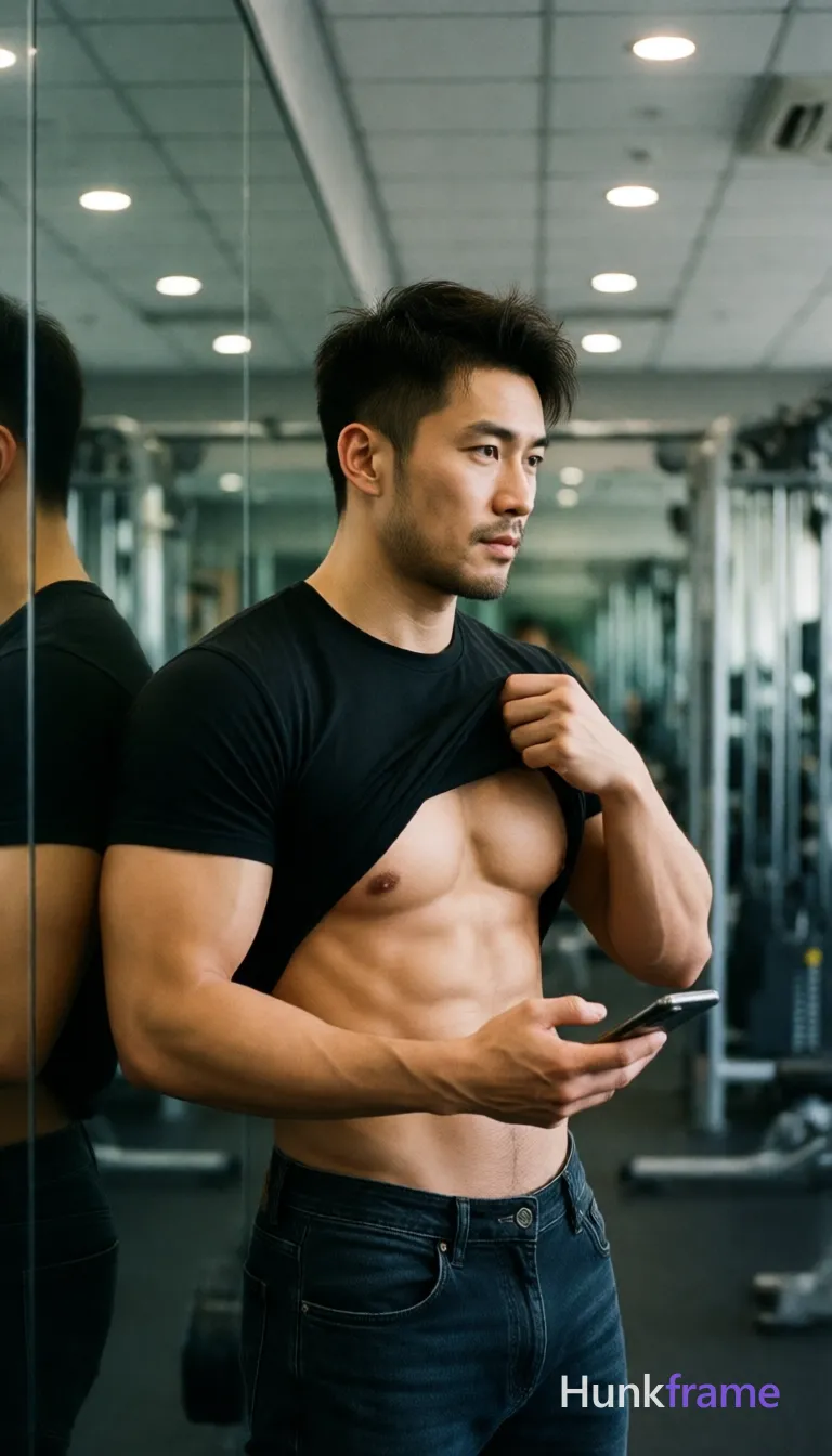Photograph of exactly 1 adult man. Man 1: Asian, light-medium, oval with defined jawline, short dark hair, slightly tousled texture, side parting visible, clean-shaven with slight stubble on chin and jawline. Man 1 has fully exposed eyes, eyebrows, temples and nose bridge. defined pectoral muscles, six-pack abs on Asian man. pulling black t-shirt up to expose chest while holding phone. black crew-neck shirt lifted revealing torso over dark denim jeans. vertical portrait with subject center-right facing left mirror reflection. indoor gym environment featuring weight racks, exercise equipment background. overhead recessed lighting casting soft shadows on ceiling panels. fine-art photography emphasizing sculpted musculature in premium fashion editorial