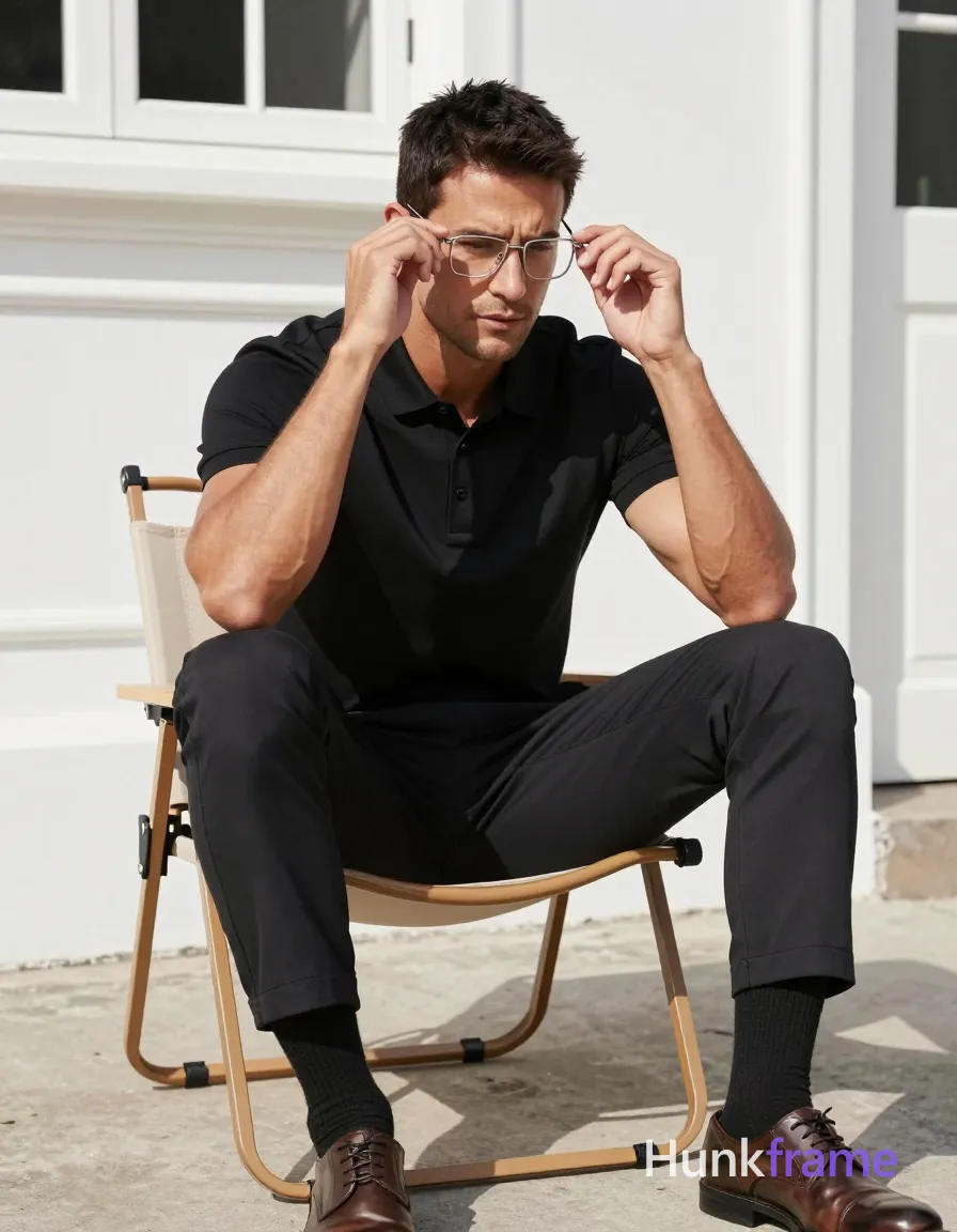 Full-bleed vertical phone wallpaper of an adult man with medium-dark skin and short textured dark hair wearing rectangular silver-rimmed clear-lensed glasses, seated on a beige canvas folding chair; He adjusts his eyewear with right index finger near the bridge of nose while gazing downward-left in neutral contemplation; Dressed in black collared polo shirt buttoned to neck, slim-fit trousers, mid-calf crew socks, and leather dress shoes; Broad shoulders, defined pectorals, toned abs, thick thighs visible under high-contrast sunlight from upper-right casting deep shadows on concrete ground against a white colonial building facade; The adult man visibly wears wearing clear-lensed glasses; thin metal frame (silver or gunmetal); rectangular shape with slightly rounded corners; minimal rim detail visible on his face; preserve the exact frame shape, rim style, color, material, and lens tint; single clean uninterrupted photograph with a cohesive editorial composition and plain continuous surrounding surfaces