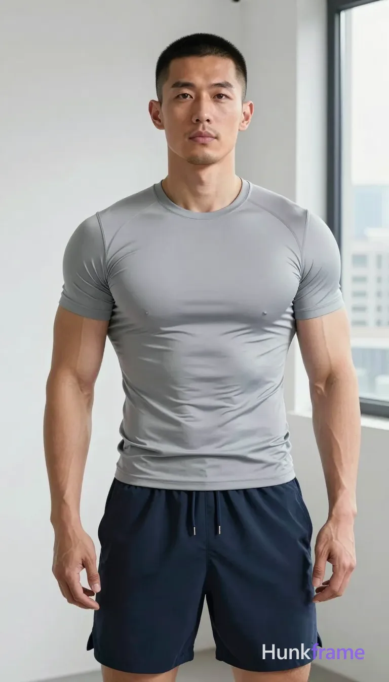 Asian man with short buzz cut and clean-shaven face, broad shoulders, defined pectorals, visible abdominal definition; Standing upright facing camera, arms slightly away from body, hands relaxed open; Wearing light gray fitted compression-style t-shirt covering chest completely, dark blue drawstring athletic shorts reaching mid-thigh; Indoor room with plain white wall background and window showing cityscape view on right side of frame; Soft natural light coming from window creating subtle shadows on left side of face and body; Clean composition, minimalist aesthetic, premium fashion-editorial photography style; single clean uninterrupted photograph with a cohesive editorial composition and plain continuous surrounding surfaces