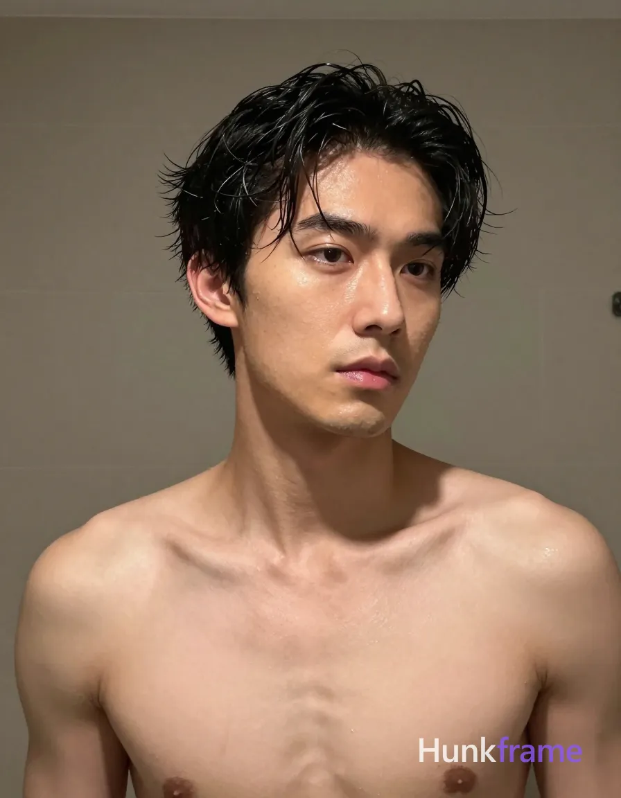 Asian man with short dark black slightly wavy wet-looking hair parted left, clean-shaven face neutral contemplative gaze away from camera; Indoor soft ambient lighting high-contrast selfie aesthetic skin texture emphasized moisture sheen on skin and hair intimate dramatic masculine mood portrait centered filling frame mid-thigh to head; single clean uninterrupted photograph with a cohesive editorial composition and plain continuous surrounding surfaces