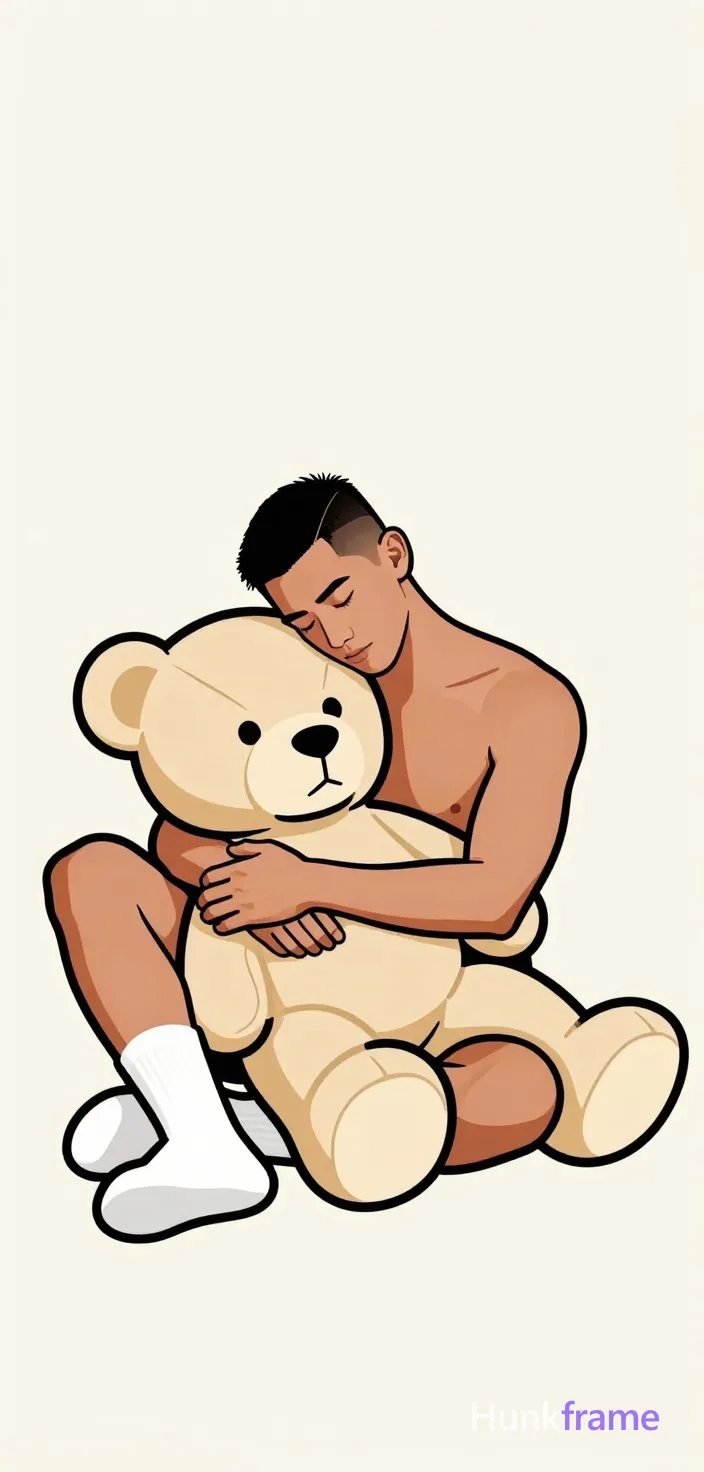 Bold flat-color wall art adult man with short black hair and clean-shaven face, eyes closed resting head on a large beige teddy bear's shoulder. Seated leaning forward hugging the bear tightly with both arms wrapped around its body. Shirtless bare chest exposing sculpted shoulders and thick thighs visible as left leg extends outward in white crew sock while right leg bends inward also in white sock. High-contrast color blocking clean vector line style against plain off-white background, clean composition with negative space above subject., a single uninterrupted photograph only, no written words or typography anywhere in frame, no captions, no app UI, no social-media post layout, no screenshot borders