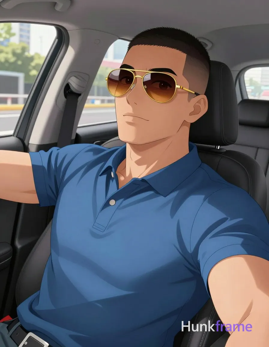 an anonymous figure man with light-medium skin and short buzz cut black hair, wearing gold-rimmed aviator sunglasses with reflective amber lenses resting on the nose bridge; He is seated in a car driver's seat leaning back against headrest left arm extended outward holding device for selfie angle; Wearing blue short-sleeved polo shirt with buttoned placket single visible button fully clothed adult torso broad shoulders defined collarbones; Car interior background center-left occupying majority of frame from chest up to forehead head slightly tilted toward camera natural sunlight streaming from left side creating soft shadows on right cheek and neck shallow depth of field blurring background street scene city trees buildings warm white balance confident casual luxury mood high-resolution smartphone photography style polished anime 25D next-gen game art expressive face athletic anatomy; The adult man visibly wears gold-rimmed aviator sunglasses with reflective amber lenses; frames are thin and metallic, resting on the nose bridge and ears on his face; preserve the exact frame shape, rim style, color, material, and; single clean uninterrupted artwork with a cohesive composition and plain continuous surrounding surfaces