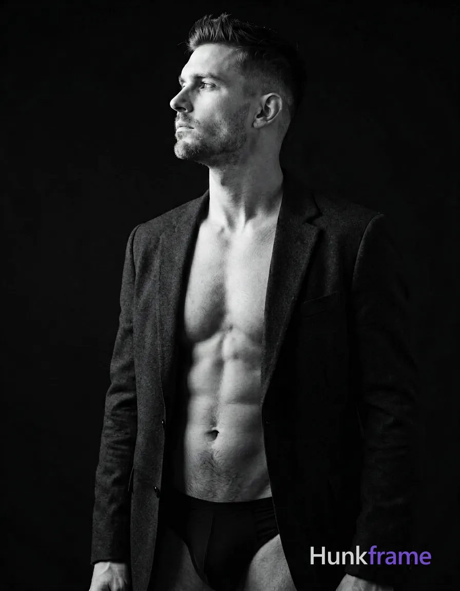A handsome white man in his thirties with short dark hair styled upward and fade sides, featuring light stubble on a defined jawline. He wears an open dark blazer revealing bare chest and collarbones while facing left in profile with head tilted up slightly against a deep black studio void. Dramatic chiaroscuro side-lighting from the left creates high-contrast monochromatic tones of deep blacks and bright highlights, casting his right shoulder into shadow for an intimate cinematic atmosphere., wearing underwear or swim trunks, covered genitals, no frontal nudity