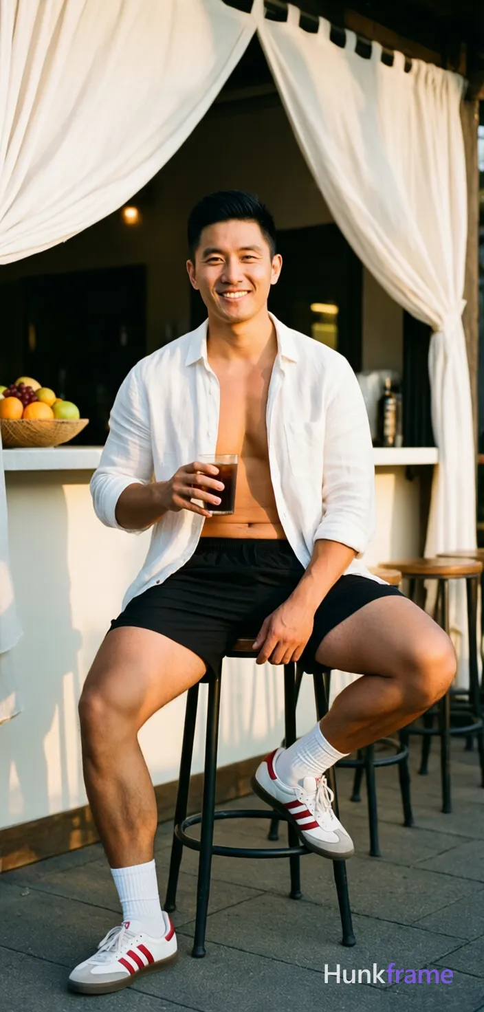 Asian man with light-medium skin and black short styled hair, clean-shaven face smiling at camera. Seated on stool legs spread apart left foot flat ground right leg bent elevated on base holding dark beverage in right hand wearing white linen button-up shirt open chest bare torso collarbone upper abdomen black athletic shorts mid-thigh thick thighs defined calves white crew socks and sneakers with red stripes. Outdoor cafe patio under white draped fabric ceiling counter behind fruit bowl warm golden hour sunlight from right casting soft shadows natural depth of field relaxed confident mood vertical portrait 13:19 aspect ratio full body shot knees up to head clean negative space screen-safe one vivid mood, a single uninterrupted photograph only, no written words or typography anywhere in frame, no captions, no app UI, no social-media post layout, no screenshot borders