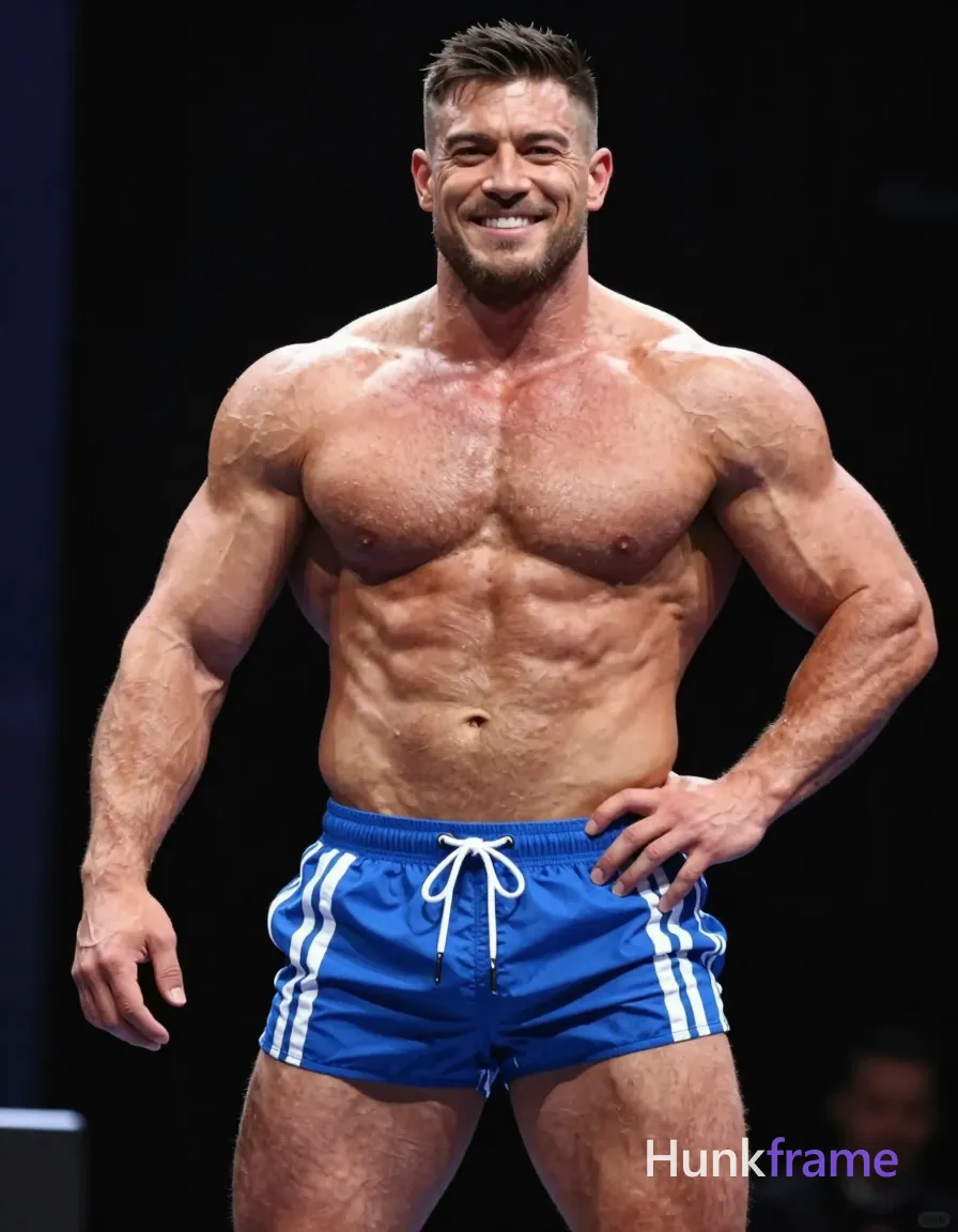 A big and hairy stocky adult man with tanned skin, short dark hair styled on top and faded sides, clean-shaven face smiling broadly. He stands facing the camera in a waist-up portrait framing against a dark indoor stage background. Shirtless with highly muscular chest, defined abdominal muscles, visible vascularity on arms, wearing blue swim trunks with white vertical stripes and a white drawstring. His right arm extends downward slightly forward while his left hand grips the waistband at hip level, pulling up the shorts so they sit mid-thigh. Dramatic directional lighting highlights sculpted musculature and skin sheen in high-contrast photography., a single uninterrupted photograph only, no written words or typography anywhere in frame, no captions, no app UI, no social-media post layout, no screenshot borders