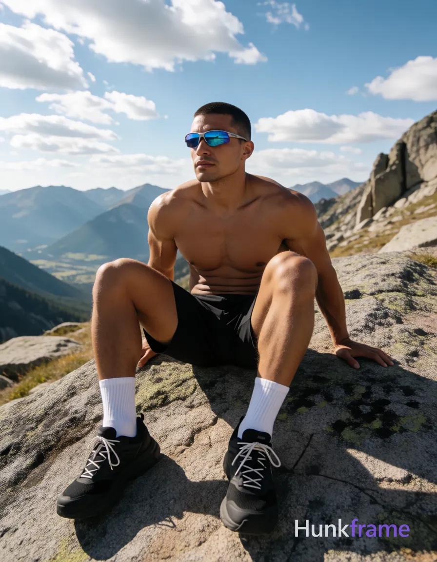 Heavily muscular adult man with substantial muscle mass, wide shoulders, thick neck, large chest and arms, powerful thighs, and dense bodybuilding proportions; Hispanic or latino man, tanned skin, short dark brown buzz cut with no parting, wearing reflective blue-tinted wraparound sunglasses on face; Seated upright on large granite rock outcrop leaning back against hands behind hips, legs extended forward knees bent at 90 degrees feet resting on lower slope shirtless bare chest abdomen shoulders arms broad shoulders defined pectorals six-pack abs thick thighs black athletic shorts mid-thigh white crew socks ankle bone black trail running shoes with white laces; High alpine ridge overlooking valley and distant peaks under blue sky scattered cumulus clouds bright natural sunlight from upper left casting strong shadows wide-angle perspective shallow depth of field high dynamic range fine-art photography dramatic lighting adventurous confident serene mood 7:4 aspect ratio horizontal landscape orientation The adult man visibly wears wearing reflective blue-tinted sunglasses with thin metallic frames, wraparound style covering eye region completely on his; single clean uninterrupted photograph with a cohesive editorial composition and plain continuous surrounding surfaces