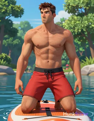 A polished anime-style illustration of a Caucasian man with tanned skin kneeling