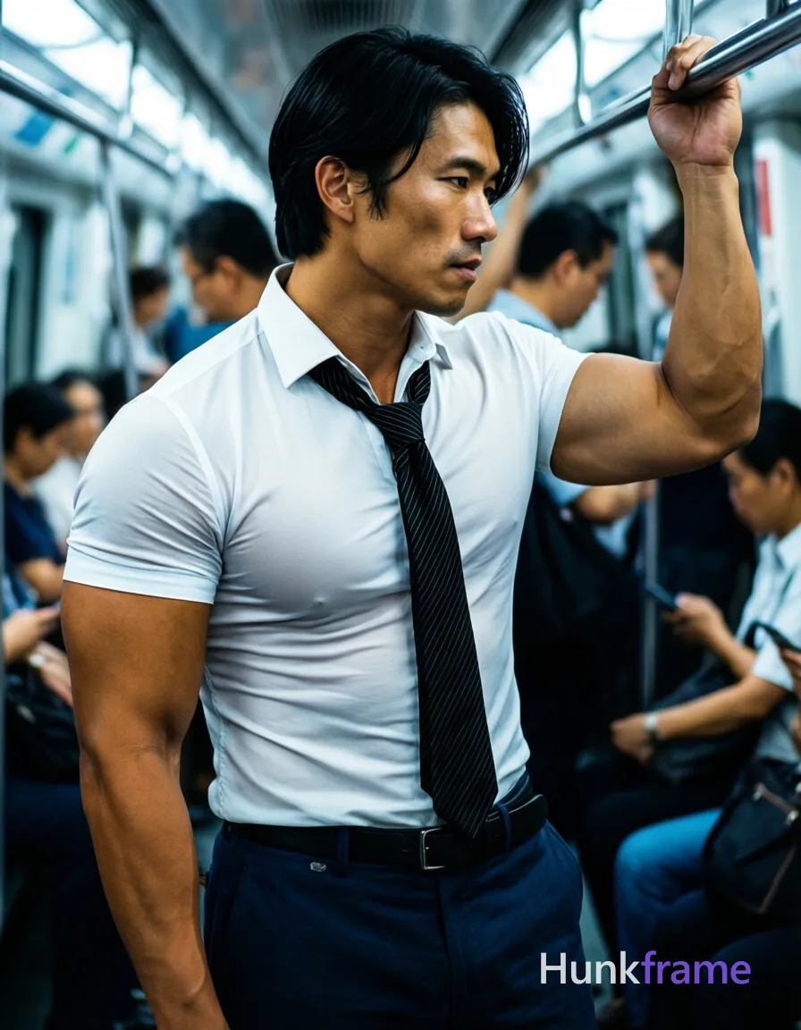 Asian man with light-medium warm skin, clean-shaven face, black medium-length side-parted hair. Standing on a subway train gripping an overhead silver rail with right hand, body angled slightly toward camera while head turns away in contemplation. Wearing tight-fitting white short-sleeved button-up shirt revealing defined pectorals and torso musculature through semi-transparent fabric, loose-knot black striped necktie, dark navy trousers with visible belt buckle. Chest-up portrait from chest to mid-thigh, center-left foreground against blurred commuters. Cool-toned fluorescent subway lighting creates high-contrast highlights on skin and sheen of shirt, soft shadows under jawline. Shallow depth of field isolates subject in dramatic cinematic composition., a single uninterrupted photograph only, no written words or typography anywhere in frame, no captions, no app UI, no social-media post layout, no screenshot borders
