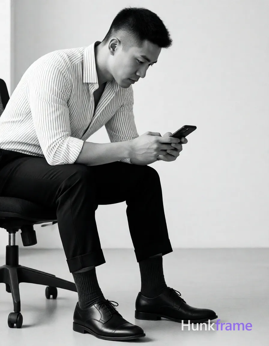Asian man with short buzz cut, dark brown/black textured top fade to skin on sides and back, clean-shaven face; Seated on office chair left side of frame, mid-thigh up to head crop; torso leaning forward over raised left knee while holding black smartphone in both hands, thumbs interacting with screen; Wearing white long-sleeve button-up shirt with thin vertical dark stripes, collar open at neck, sleeves rolled up to mid-forearm, black tailored trousers cuffed above ankles, dark ribbed crew socks pulled high on calves, black leather lace-up dress shoes; Minimalist indoor space with white walls and light flooring; soft directional lighting from left casting subtle shadows; High contrast monochrome palette emphasizing sharp tailoring details against neutral background; single clean uninterrupted photograph with a cohesive editorial composition and plain continuous surrounding surfaces