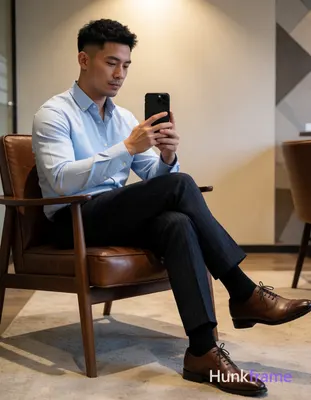 Asian man, light-medium skin, short black textured hair with faded sides and cle