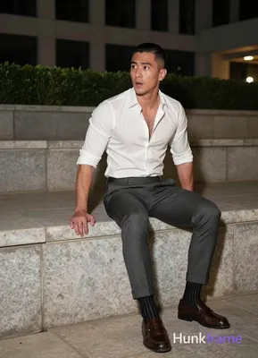 Asian man with short black side-parted slick-back hair and clean-shaven face, neutral to slightly su