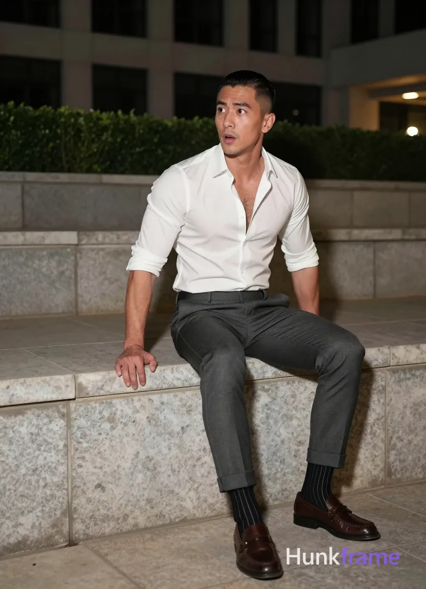 Asian man with short black side-parted slick-back hair and clean-shaven face, neutral to slightly surprised expression mouth open; Fully clothed lean build seated sideways on wide stone ledge outdoors at night; White long-sleeve button-up shirt sleeves rolled mid-forearm over dark grey slim-fit trousers cuffed ankles; Left leg extended foot flat ground right knee bent resting on ledge torso leaning forward hands on thighs support; Black striped socks with white vertical stripes brown leather loafers; Modern high-rise building background manicured greenery stone steps artificial ambient lighting soft shadows fine-art photography aesthetic dramatic nighttime lighting polished confident urban sophistication full-body centered portrait 13:19, same aesthetic theme and photo feel as the reference but a different man in a different pose with distinct body proportions, Turkish man, olive skin, aquiline nose, lean hairy chest editorial look; single clean uninterrupted photograph with a cohesive editorial composition and plain continuous surrounding surfaces