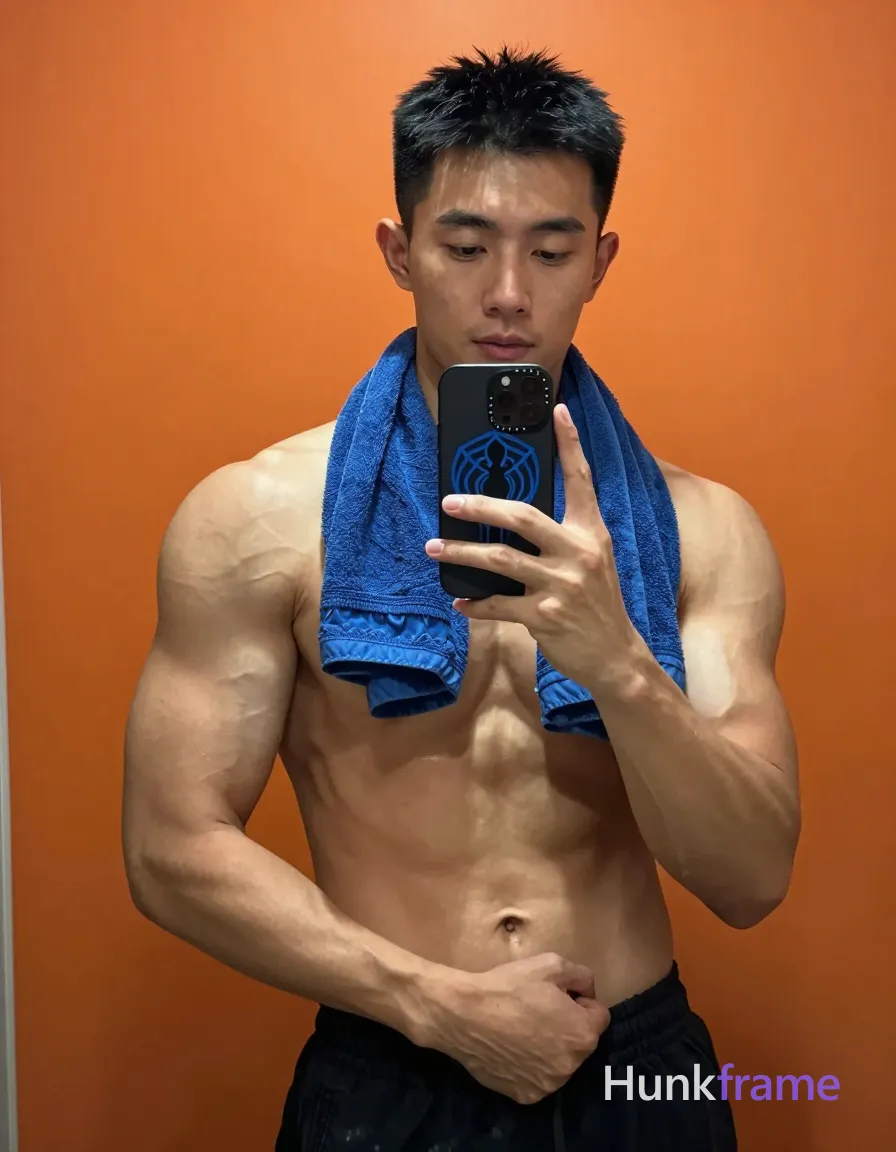 Asian man with light to medium tan skin and short black hair stands facing a mirror in an indoor bathroom; He is shirtless, displaying broad shoulders, defined pectorals, large biceps with prominent veins, and toned forearms; A blue towel drapes around his neck while he holds a black smartphone with a blue Spider-Man case up to the glass for a selfie; His left arm bends at the elbow showing muscle definition; his right hand grips the phone near chest level making a loose fist; The background is a solid orange wall illuminated by direct flash creating high contrast highlights on skin and muscles; Vertical portrait composition centered in reflection, confident athletic mood; single clean uninterrupted photograph with a cohesive editorial composition and plain continuous surrounding surfaces