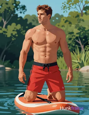 A bold flat-color wall art graphic of a Caucasian man with tanned skin kneeling 