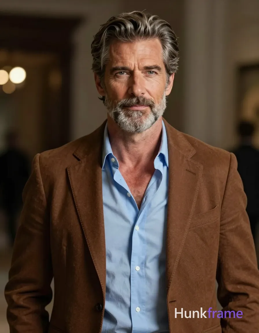 A handsome mature Caucasian man with salt-and-pepper swept-back hair and a trimmed gray beard stands centered in an upper chest portrait. He wears a brown tailored blazer open over a light blue button-down shirt unbuttoned to reveal his bare sternum, collarbone, and defined pectorals. His broad shoulders relax against dark architectural elements while warm bokeh lights glow softly on the left background. High-resolution editorial photography with shallow depth of field captures cinematic lighting that emphasizes skin texture and fabric weave in a refined indoor gallery setting., a single uninterrupted photograph only, no written words or typography anywhere in frame, no captions, no app UI, no social-media post layout, no screenshot borders