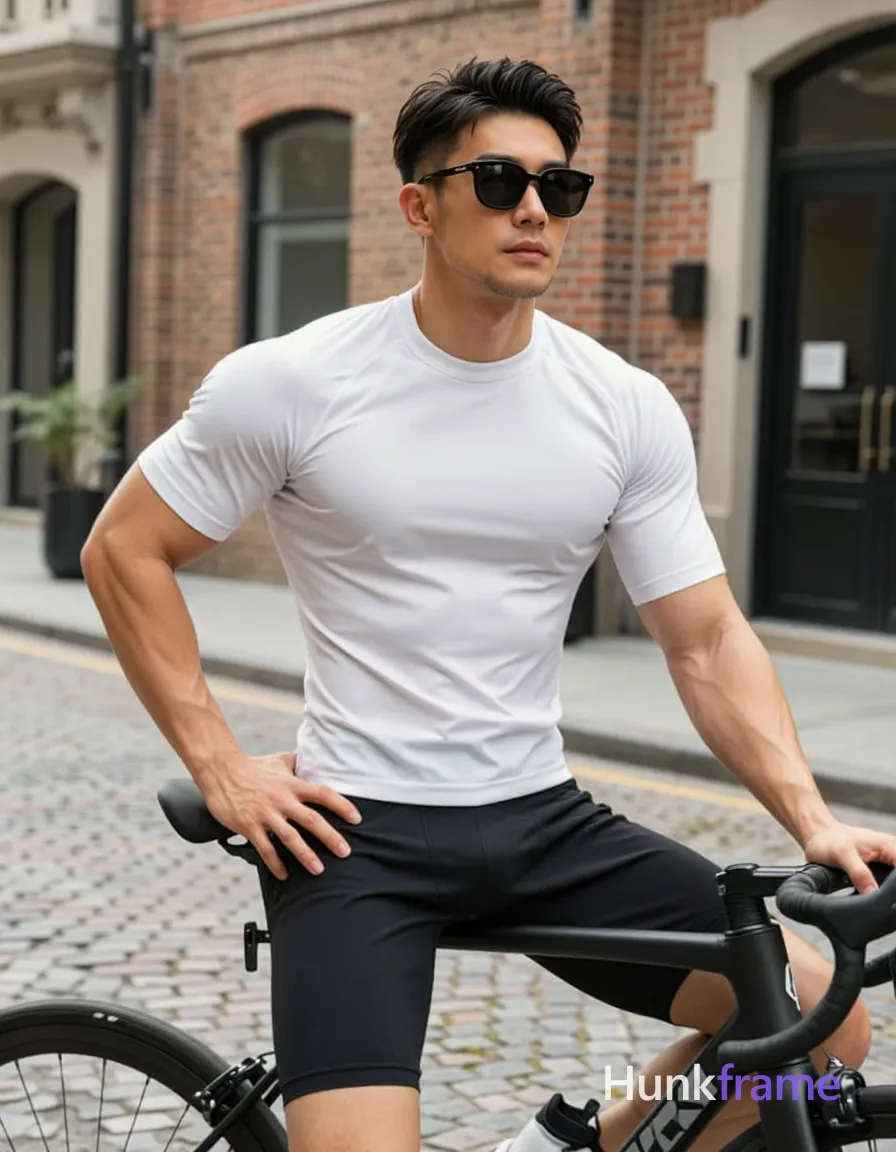 Asian man with light-medium skin and short dark hair featuring a textured top and faded sides, wearing black rectangular frame sunglasses with dark lenses; He has light stubble on his chin and jawline His left hand rests confidently on his hip while his right hand holds the bicycle handlebar near his waist; He wears a tight white an anonymous figure compression shirt revealing broad shoulders and defined biceps, paired with black mid-thigh cycling shorts and athletic shoes; The setting is an urban cobblestone street with blurred brick buildings in the background under natural daylight; Street photography aesthetic with shallow depth of field captures him from head to mid-calf; The adult man visibly wears black rectangular frame sunglasses with dark lenses worn on face on his face; preserve the exact frame shape, rim style, color, material, and lens tint, shot on iPhone 15 Pro main camera, authentic smartphone computational photography, natural Smart HDR, vertical 9:16 Xiaohongshu lifestyle post, bright clean gym or cafe scene, wardrobe matching; single clean uninterrupted photograph with a cohesive editorial composition and plain continuous surrounding surfaces