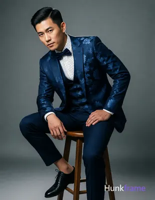 Asian man with short black side-parted slick-back hair and clean-shaven face, seated sideways on a w