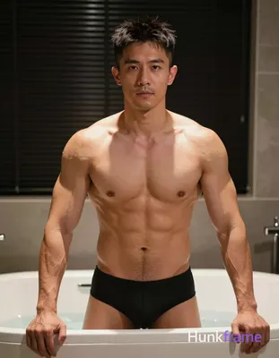 Photograph of exactly 1 adult man. Man 1: Asian, tanned, square jawline with defined cheekbones, sho