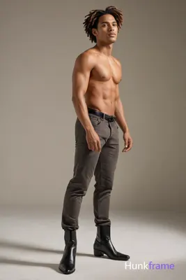 A mixed Afro-Latin man with caramel skin and locs poses in a dancer's posture, s