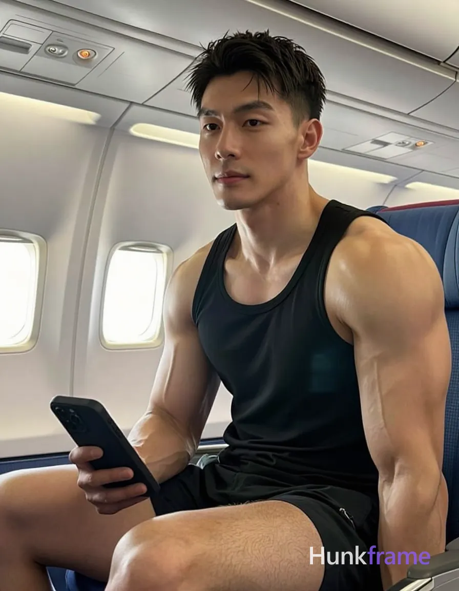 Photograph of exactly 1 adult man. Man 1: Asian, light to medium tan, oval with defined jawline, short, dark brown/black hair, textured top with faded sides and back, clean neckline at nape, clean-shaven. Man 1 has fully exposed eyes, eyebrows, temples and nose bridge. Muscular build with defined biceps, thick thigh musculature. Seated in airplane cabin holding black smartphone against raised right knee. Black sleeveless tank top covering upper torso fully clothed adult. Vertical portrait selfie occupying right two-thirds of image frame. Airplane interior with overhead panels, oval windows visible background. Soft ambient cabin lighting mixed with natural light from airplane windows. Fine-art photography aesthetic emphasizing masculine physique in phone-camera style. }