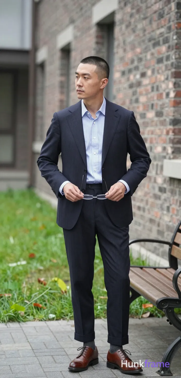Asian man with short buzz cut and clean-shaven face, neutral contemplative gaze leftward. Standing casually in urban park alleyway near brick wall instead of bench, hands resting on hip holding eyeglasses by temples. Wearing dark navy pinstripe single-breasted suit jacket over light blue and white vertical-striped button-down shirt with visible collar and cuffs at wrists. Matching dark navy pinstripe trousers, dark gray ribbed crew socks pulled to mid-calf, brown leather lace-up dress shoes with rounded toes. Fully clothed adult slim build. Urban park setting with green grass and brick textures under soft daylight. Soft diffused natural lighting, muted green and brown palette. Fine-art photography aesthetic, XHS lifestyle influencer vibe, vertical social-feed composition., a single uninterrupted photograph only, no written words or typography anywhere in frame, no captions, no app UI, no social-media post layout, no screenshot borders
