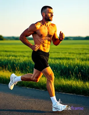Adult man with short buzz cut dark brown hair and short stubble running mid-stride on a paved rural 