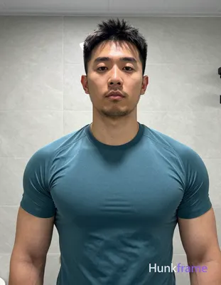 Asian man with short black textured hair and stubble beard stands facing camera in a tiled indoor ba
