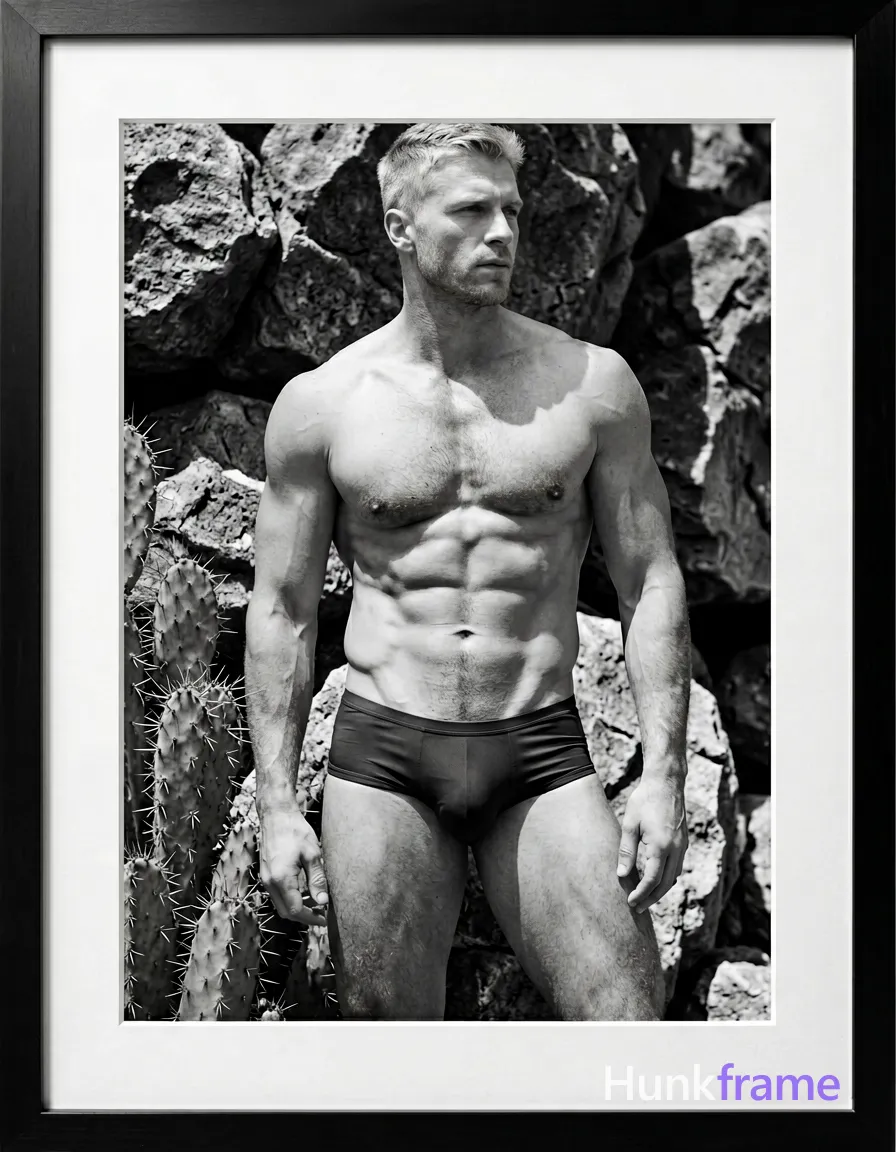 A handsome white man with short light-colored hair and clean-shaven face stands casually in a vertical portrait. He is shirtless, displaying lean muscle definition across his chest and abdomen, wearing dark shorts below the waistline. His body faces slightly rightward; left arm rests near knee while right hand holds an unseen object partially obscured by a foreground cactus cluster. Natural daylight casts high-contrast shadows on textured rock formations behind him. He sits centered within white matting inside a black frame with monochrome palette and sculptural lighting that emphasizes his lean muscle definition in an editorial fine-art photography aesthetic., same aesthetic theme and photo feel as the reference but a different man in a different pose with distinct body proportions, Irish man, pale with red undertone skin, copper stubble, lean rugby build, wearing underwear or swim trunks, covered genitals, no frontal nudity, a single uninterrupted photograph only, no written words or typography anywhere in frame, no captions, no app UI, no social-media post layout, no screenshot borders