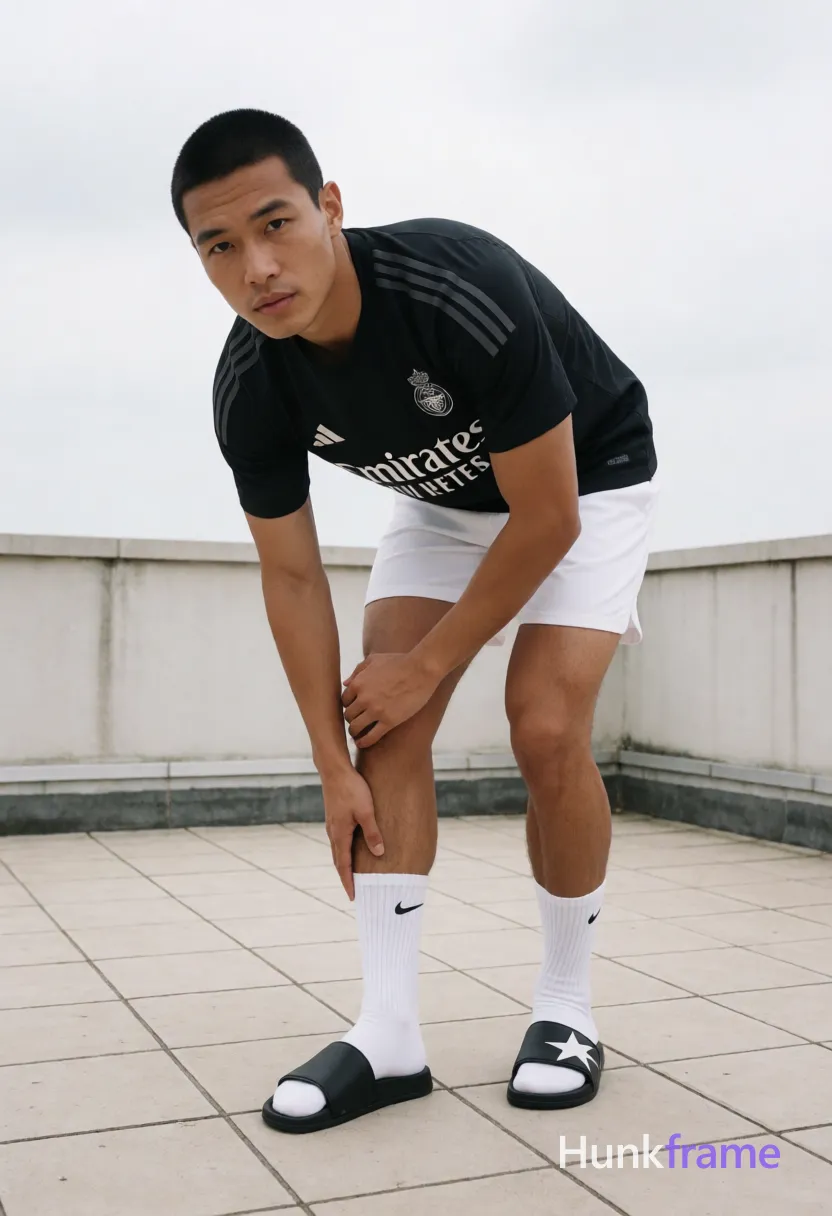 Asian man with medium-tan skin and short black buzz cut, clean-shaven face with light stubble; Standing on a tiled rooftop terrace under diffused daylight, he leans forward with right knee raised at 90 degrees while pulling up a white Nike crew sock over his hairy ankle; He wears a black an anonymous figure jersey with Emirates text, white athletic shorts mid-thigh, and a black slide sandal with a white star detail on the left foot; Full-body vertical shot captures thick thighs and defined calves in a minimalist sportswear editorial style, same aesthetic theme and photo feel as the reference but a different man in a different pose with distinct body proportions, lean Korean man, sharp jaw, monolid eyes, slim swimmer build, natural black hair; single clean uninterrupted photograph with a cohesive editorial composition and plain continuous surrounding surfaces