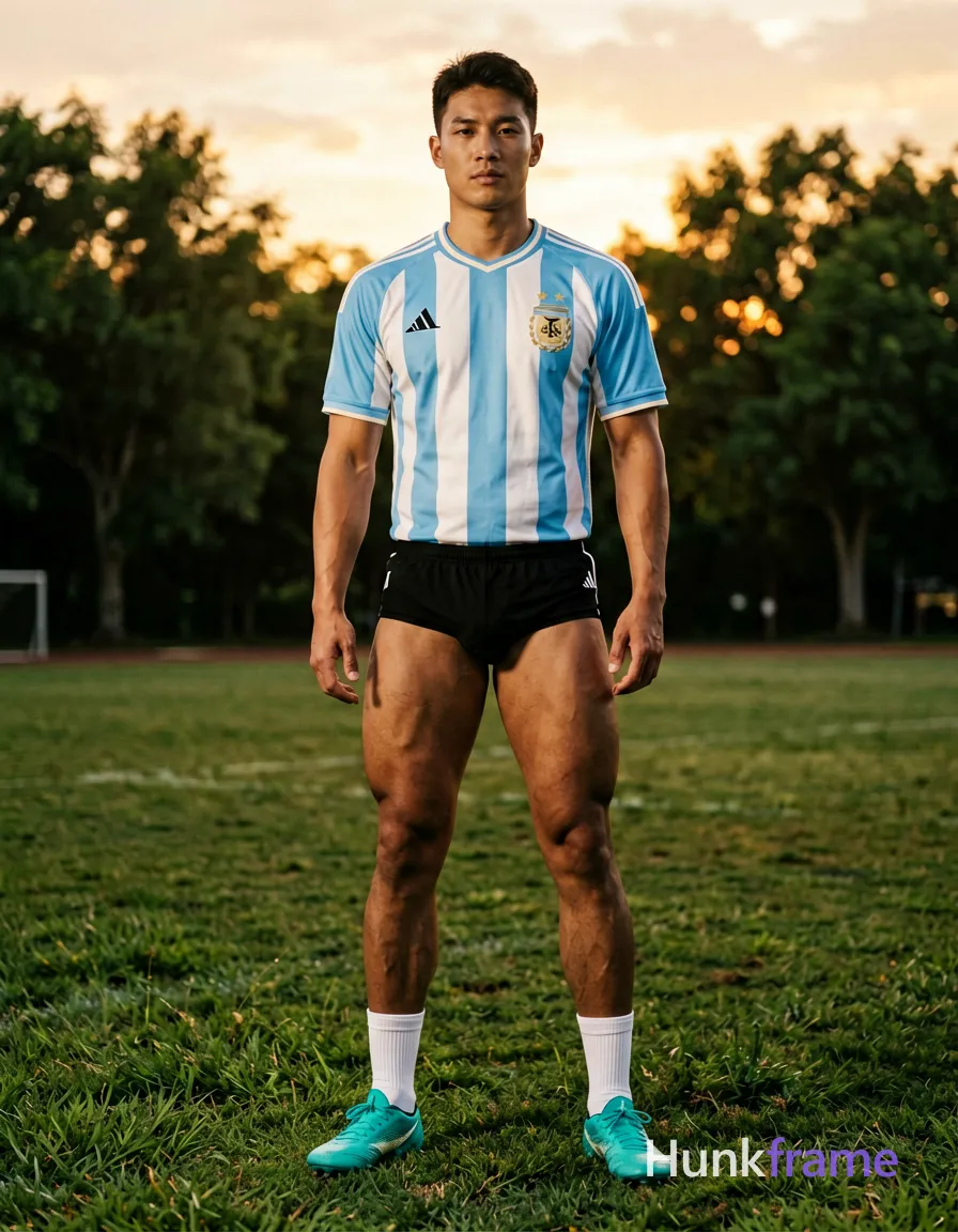 A photorealistic portrait of a shirtless young man with an Argentina soccer jersey standing on a grassy field during sunset. His black shorts and white crew socks complement his teal soccer cleats, highlighting his athletic build with defined abs and thick muscular thighs. The background features trees and natural light enhances the greenery and blue tones from his attire, creating a nostalgic mood reminiscent of childhood dreams and ambitions., wearing underwear or swim trunks, covered genitals, no frontal nudity
