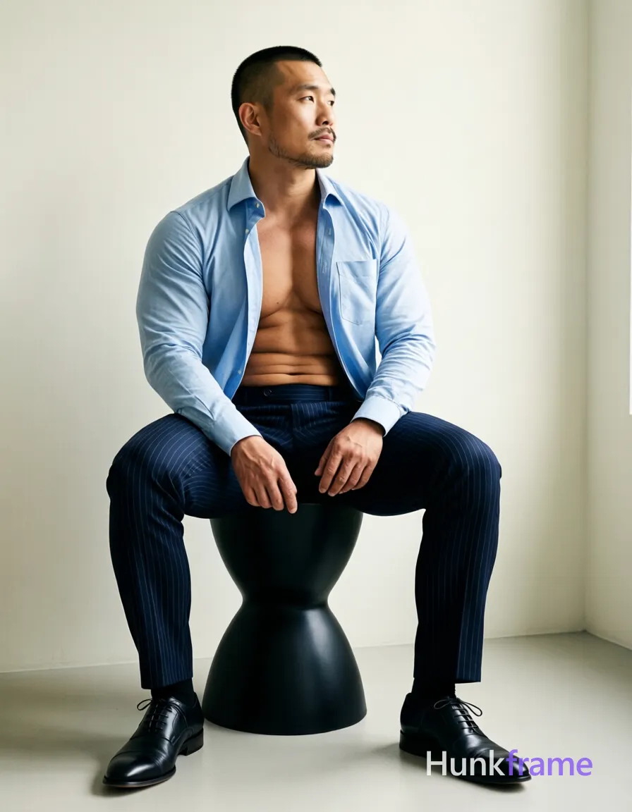 Asian adult man with short buzz cut and slight upper lip stubble, neutral contemplative gaze directed off-camera; Seated on a black sculptural stool in an indoor minimalist room with off-white walls, torso angled left while head turns upward to the side; Wearing light blue long-sleeve button-down shirt unbuttoned at top revealing chest and abdomen, single breast pocket visible, dark navy pinstripe dress trousers straight-leg cut, black leather oxford shoes with laces and cap-toe design; Full-body shot from mid-thigh up including feet, center-left composition showing broad shoulders defined pectorals toned abdominal muscles thick thighs; Bold flat-color poster wall-art graphic design high-contrast color blocking clean vector line no text iconic masculine man; Soft directional lighting from right casting subtle shadows on left side of face and body, even ambient fill reducing harsh contrasts; Fine-art photography fashion editorial aesthetic sculpted lighting premium styling sophisticated minimalist mood 13:19 aspect ratio; single clean uninterrupted photograph with a cohesive editorial composition and plain continuous surrounding surfaces