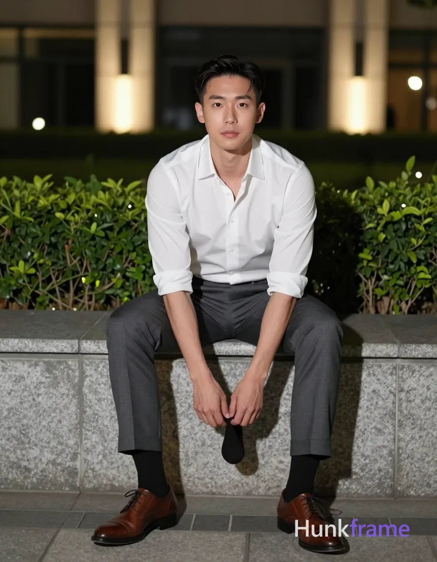 Asian man with short dark straight side-parted hair and clean-shaven face, light-medium skin tone seated on stone ledge outdoors at night; He wears a white long-sleeved button-up shirt with sleeves rolled to forearm and dark grey tailored trousers cuffed at ankle; Fully clothed adult slim build adjusting black sock on left foot with both hands while leaning forward; right knee bent, waistband mid-thigh on left side; Full-body shot from head to feet centered in vertical portrait 13:19 aspect ratio; Artificial ambient lighting from building facade illuminates manicured greenery and modern architectural features behind him; Fine-art photography aesthetic capturing sophisticated focused mood with polished palette of white shirt dark grey trousers black socks brown leather shoes, green foliage and grey stone, same aesthetic theme and photo feel as the reference but a different man in a different pose with distinct body proportions, lean Korean man, sharp jaw, monolid eyes, slim swimmer build, natural black hair; single clean uninterrupted photograph with a cohesive editorial composition and plain continuous surrounding surfaces