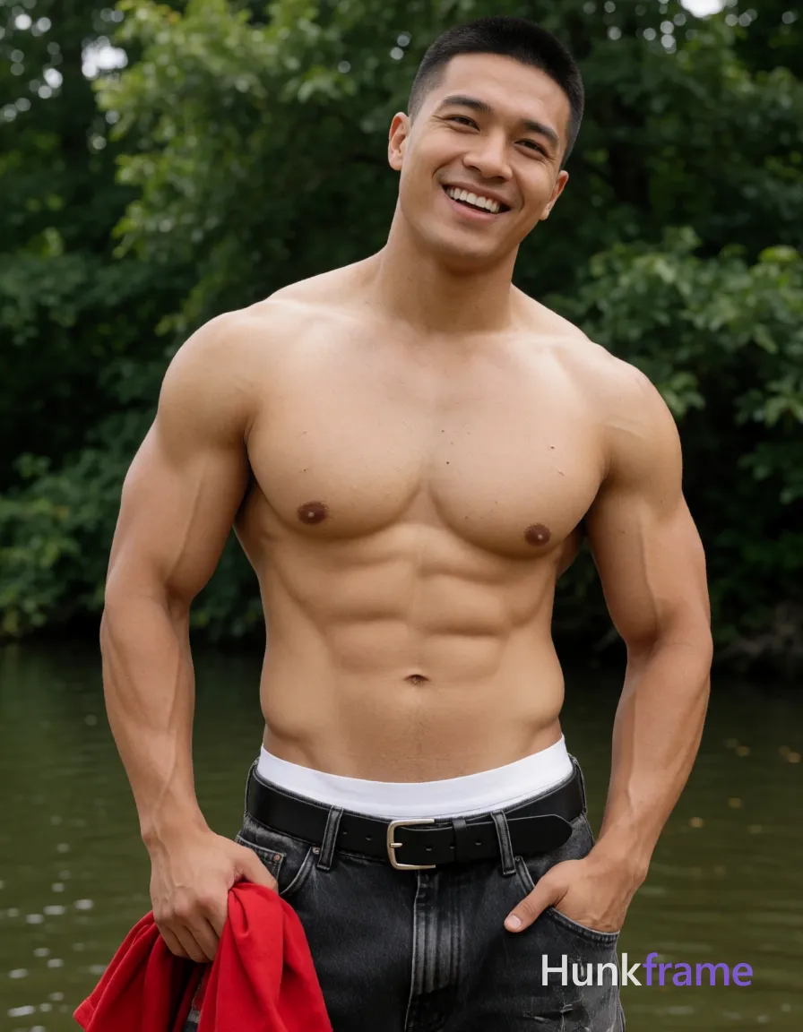 Heavily muscular adult man with substantial muscle mass, wide shoulders, thick neck, large chest and arms, powerful thighs, and dense bodybuilding proportions; Asian man with light tan skin and short black buzz cut stands upright outdoors near water, smiling broadly with slight head tilt to right; Shirtless adult displaying broad shoulders, defined pectorals, six-pack abs, visible vascularity on arms; dark grey distressed jeans with belt loops and silver buckle, black leather belt, white underwear waistband visible above pants; Right hand holds red garment at hip level while left hand rests in pocket; Natural daylight casts soft shadows on torso against lush green foliage background; Athletic photography portrait composition focusing on upper body from head to mid-thighs, same aesthetic theme and photo feel as the reference but a different man in a different pose with distinct body proportions, South Asian man, medium brown skin, thick brows, gymnast heavily muscular muscle; single clean uninterrupted photograph with a cohesive editorial composition and plain continuous surrounding surfaces