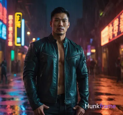 Asian man standing confidently in a cyberpunk cityscape, shirtless with defined 