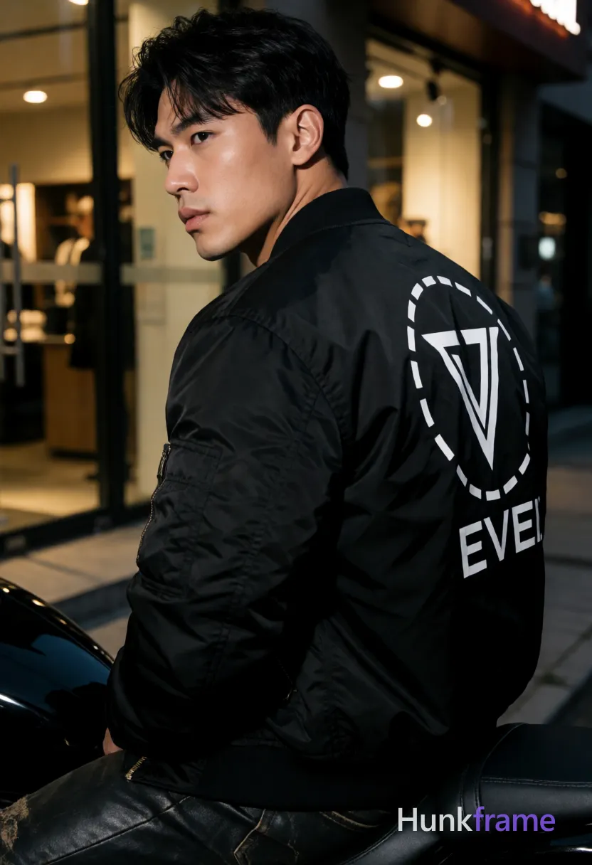 Heavily muscular adult man with substantial muscle mass, wide shoulders, thick neck, large chest and arms, powerful thighs, and dense bodybuilding proportions; Asian man with light to medium tan skin and short dark black tousled hair, side-parted fringe over forehead; Seated on motorcycle seat in profile view looking leftward, torso angled away from camera; Wearing a black bomber-style jacket featuring a white graphic print on back with stylized 'V' logo inside circular dashed border and partial text reading 'EVE', paired with dark distressed leather pants visible at thigh level; Urban street scene at night with glass storefront reflections in background; Dramatic side-lighting highlights facial contours and fabric texture against warm ambient glow from shop windows; High contrast fine-art photography aesthetic, athletic composition emphasizing heavily muscular build definition and confident posture; single clean uninterrupted photograph with a cohesive editorial composition and plain continuous surrounding surfaces
