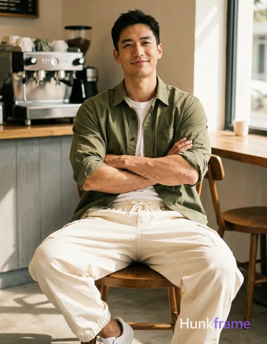 Asian man seated on wooden chair, arms crossed over chest with relaxed confident smile and slight head tilt; Wearing olive green button-down shirt open at collar revealing white crew-neck t-shirt neckline underneath; sleeves rolled to mid-forearm showing defined biceps and triceps under fabric; Off-white loose-fitting cargo pants with drawstring waistband partially obscuring thick thighs, paired with white low-top sneakers visible at bottom frame; Indoor cafe setting with espresso machine in background, natural daylight streaming from right window creating soft shadows on face; High-key lighting typical of lifestyle editorial photography, slight film-like warmth, vertical portrait composition capturing head to knees, same aesthetic theme and photo feel as the reference but a different man in a different pose with distinct body proportions, German man, fair skin, strong brow ridge, lean cyclist legs; securely fitted underwear or swim trunks with complete frontal coverage; single clean uninterrupted photograph with a cohesive editorial composition and plain continuous surrounding surfaces